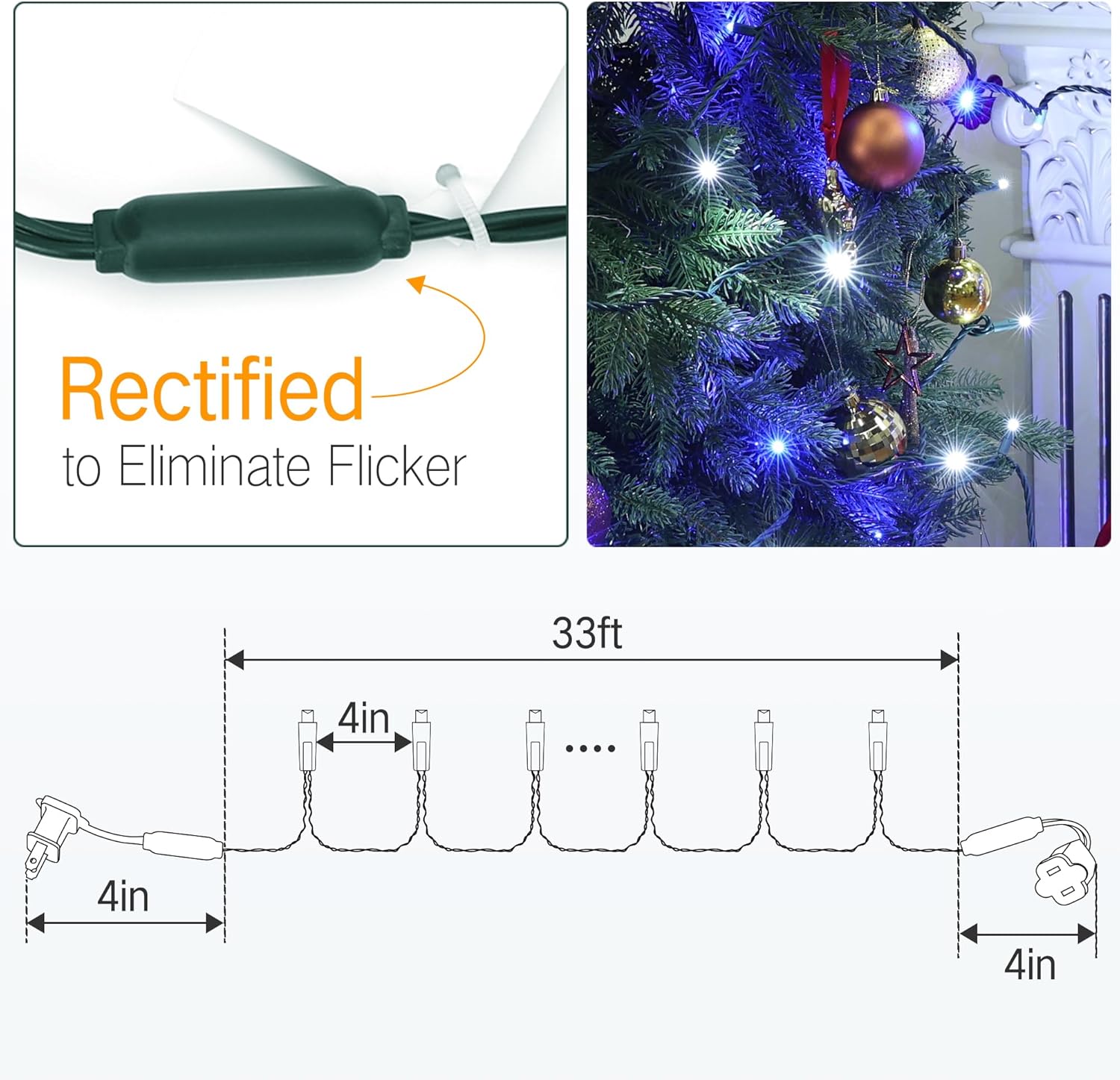 Brizled Luces de Navidad azules y blancas, 33 pies, 100 luces LED de 0.197 in de gran angular, mini tira de luces conectables, luz de árbol de