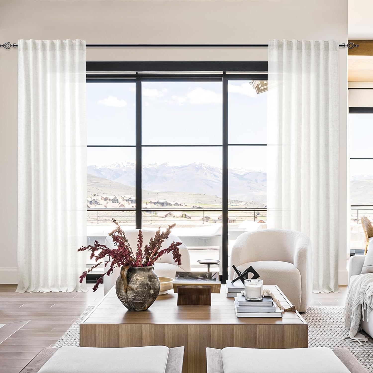 Cortinas de lino marfil de 108 pulgadas de largo para sala de estar, juego de 2 paneles de color blanco crema con pestaña trasera, cortinas de lino