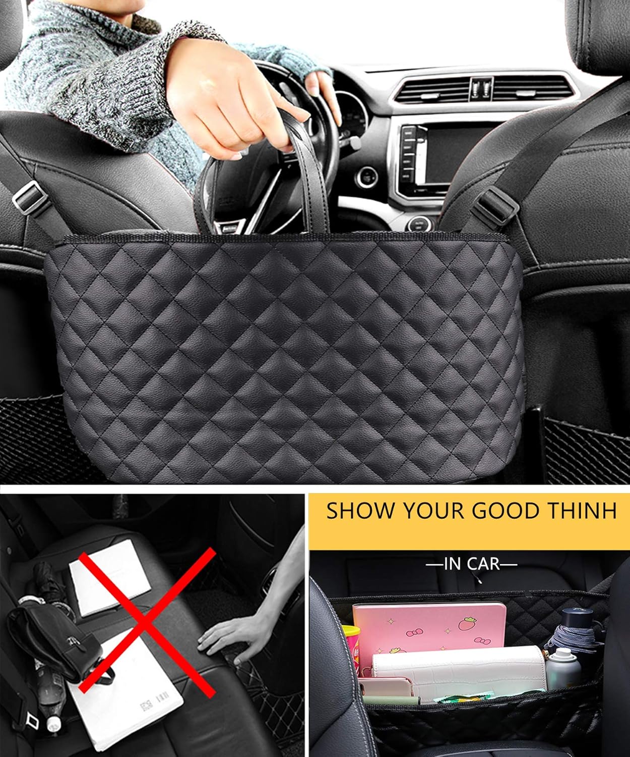 Soporte de bolso de bolsillo para automóvil, organizador de respaldo de asiento de cuero, bolsa de malla de gran capacidad, bolsa de red de