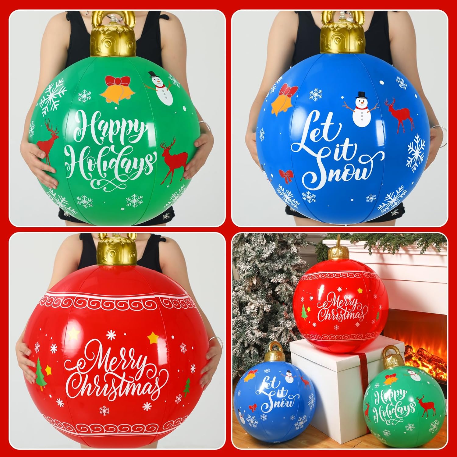 Jetec 3 bolas inflables de Navidad gigantes de PVC, adornos inflables de Feliz Navidad al aire libre, deja que la nieve explote, decoración de
