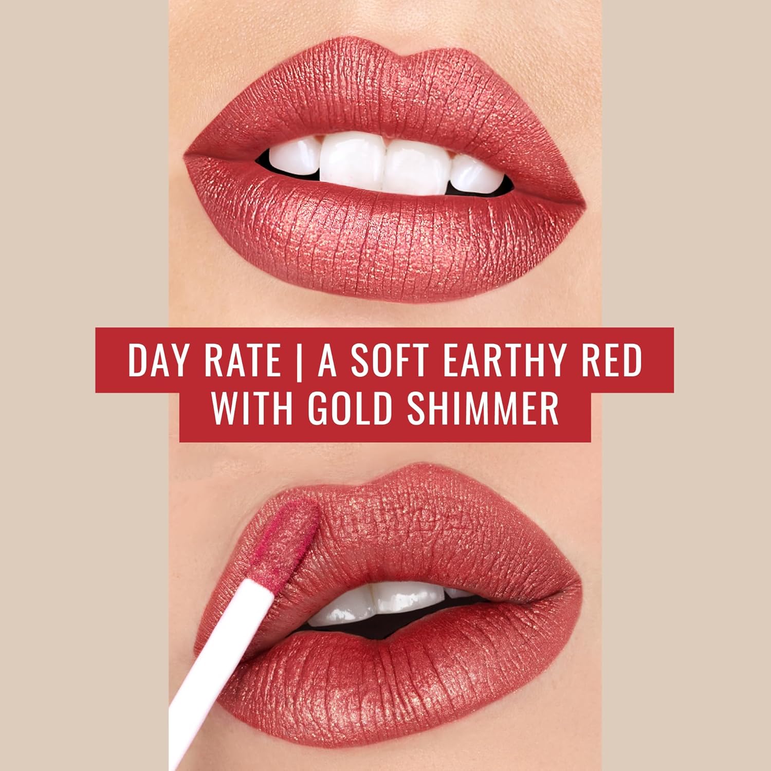 Runway Rogue Pearl Glam – Lápiz labial líquido brillante de larga duración, lápiz labial rojo terroso suave con brillo dorado, tasa de día