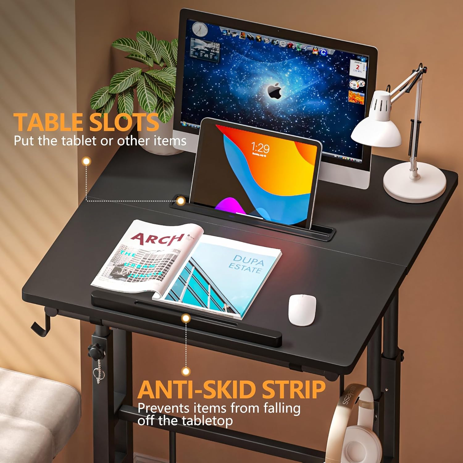 Panta Escritorio móvil de pie, escritorio de pie con soporte para tazas, escritorio de computadora de altura ajustable, escritorio portátil con