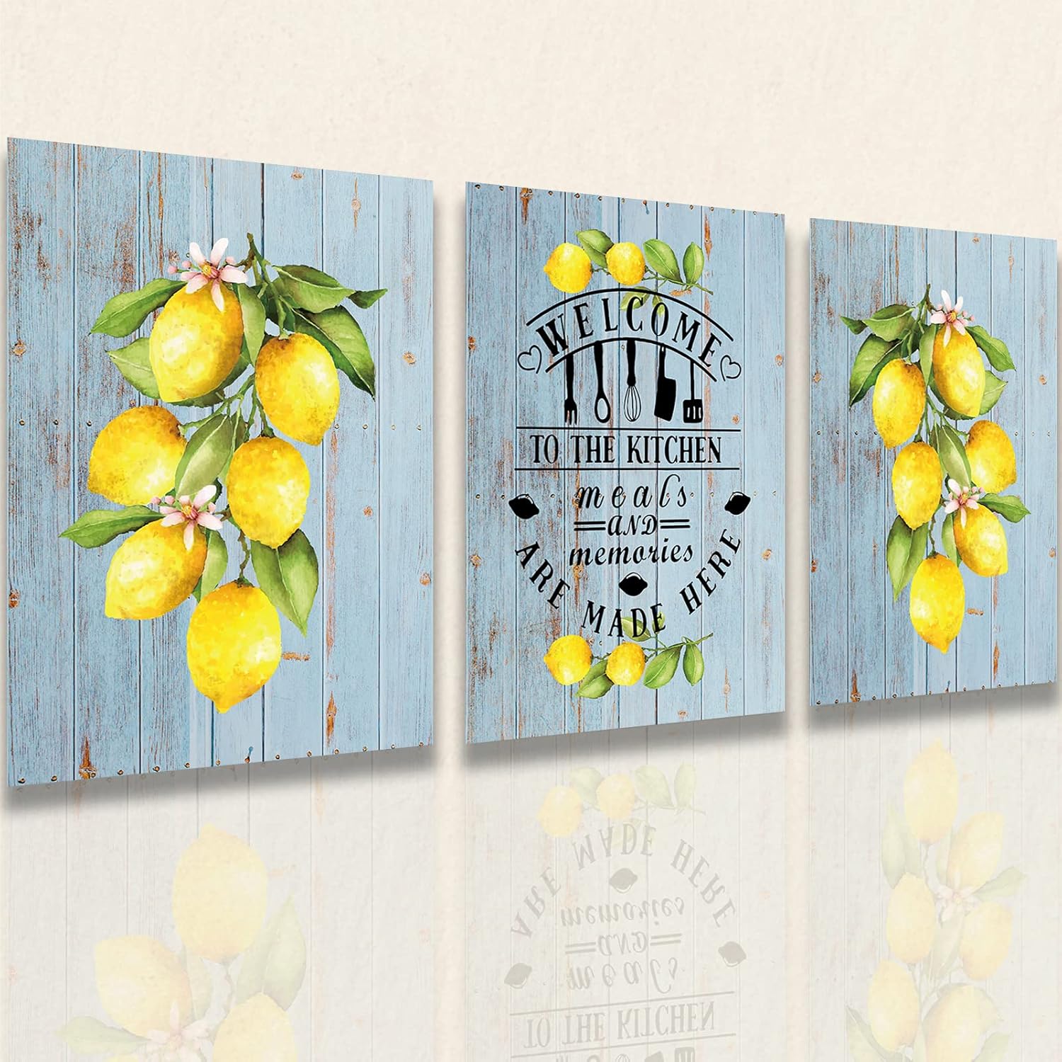 3 piezas de decoración rústica de limón en acuarela, impresiones artísticas de pared de limón para el hogar, granja, cocina, decoración de cocina,