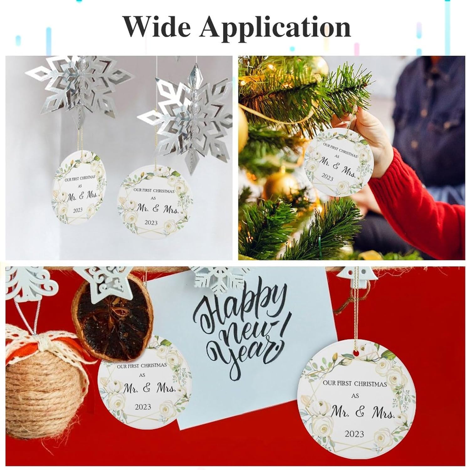 Adorno de boda de primer año con texto en inglés “Our First Christmas Married Ornament 2023”, decoración colgante de cerámica de 3 pulgadas para