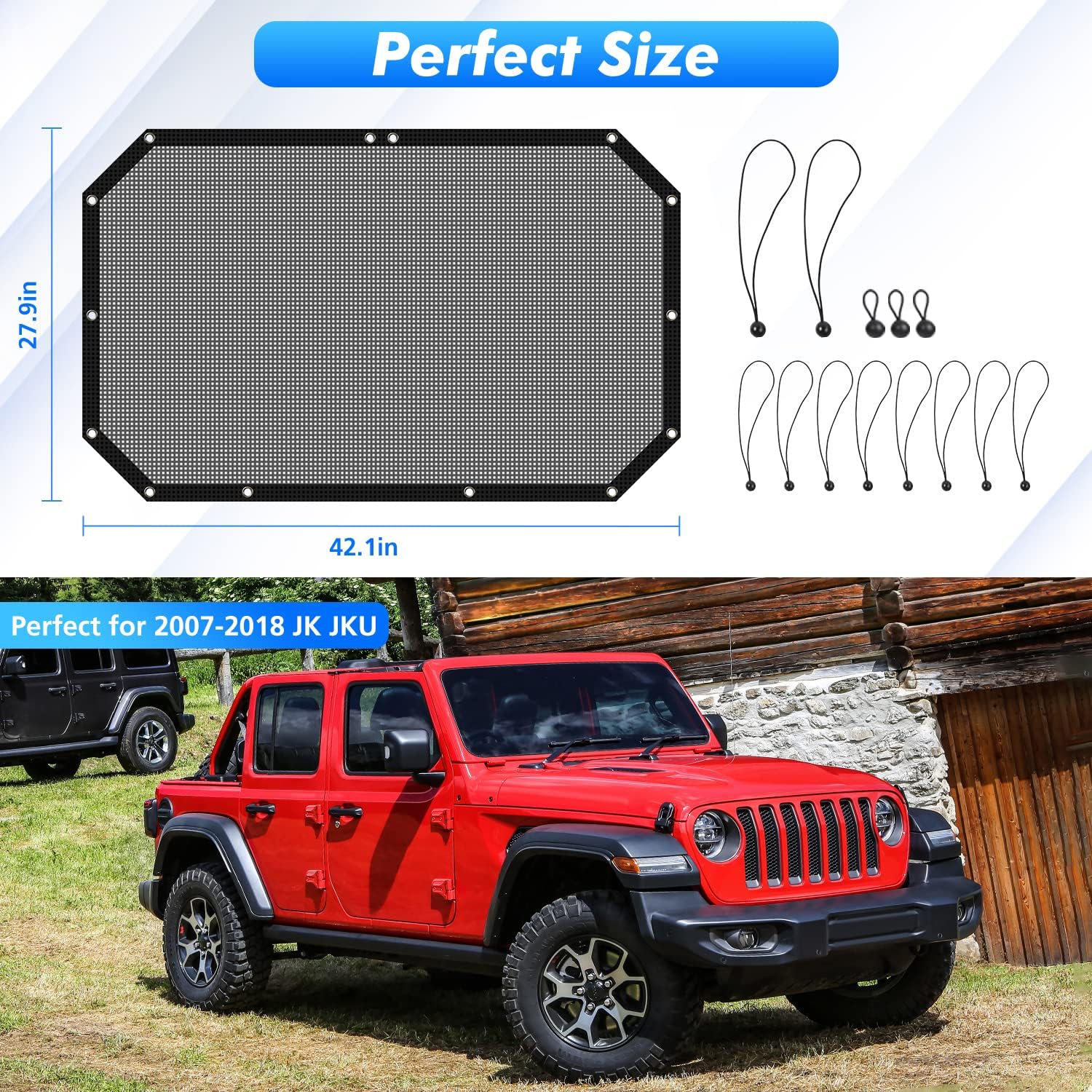 Parasol de malla frontal para Jeep Wrangler JK y Unlimited 2 puertas de 4 puertas, color negro