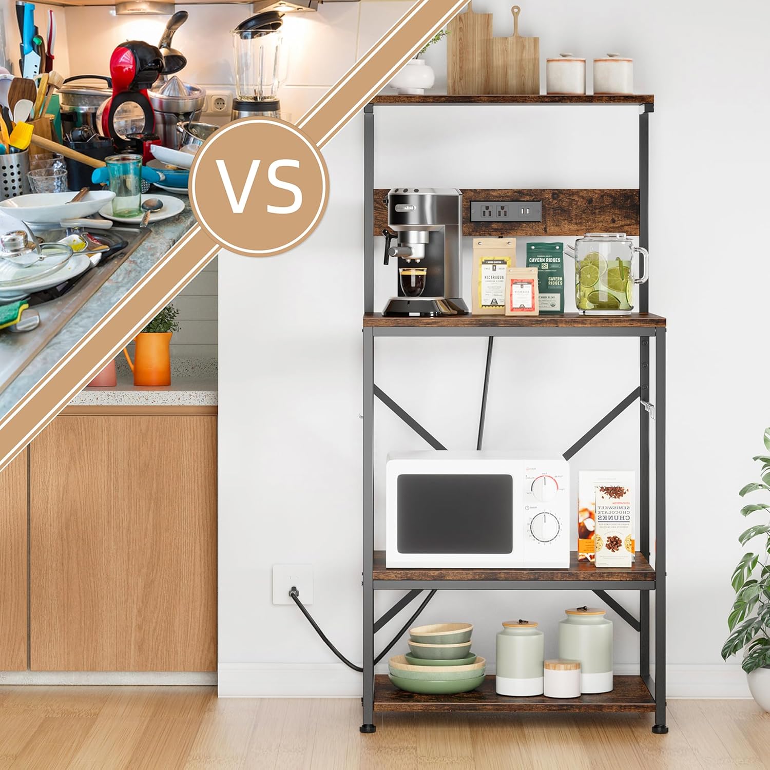 JAMFLY Estante para hornear de cocina con toma de corriente, soporte para microondas con 6 ganchos en forma de S, barra de café de 4 niveles para