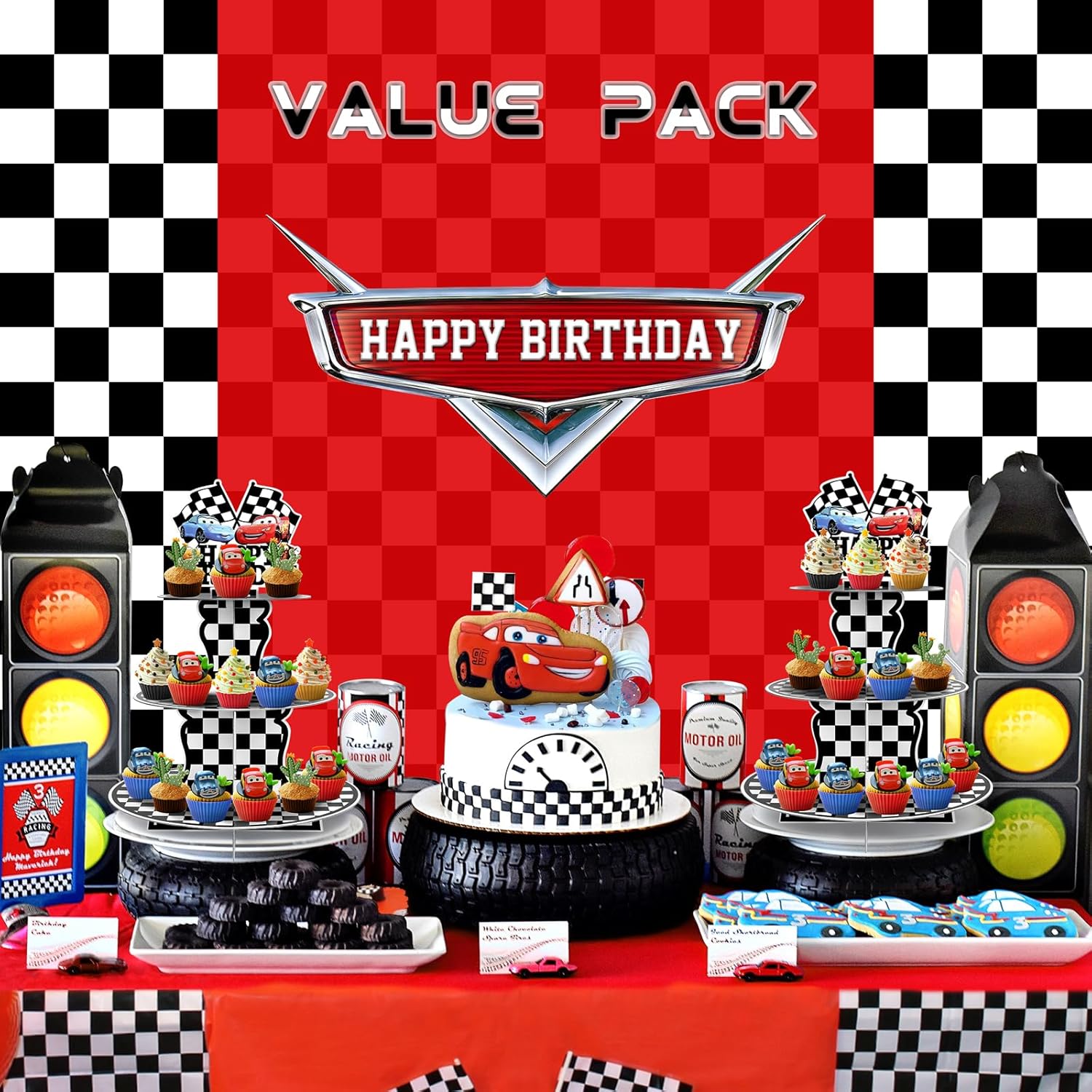 Paquete de 2 soportes para cupcakes de autos de carreras, suministros de fiesta de cumpleaños, dos decoraciones rápidas de autos para camiones,
