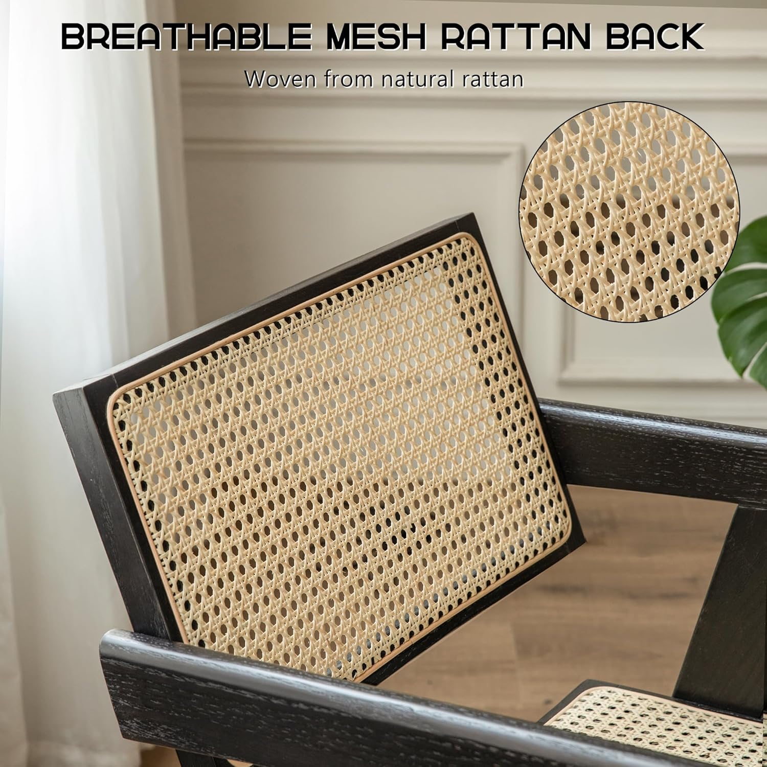 Silla ahumada de roble, diseño clásico moderno, patas en V resistentes, respaldo de ratán, ideal para comedor y sala de estar