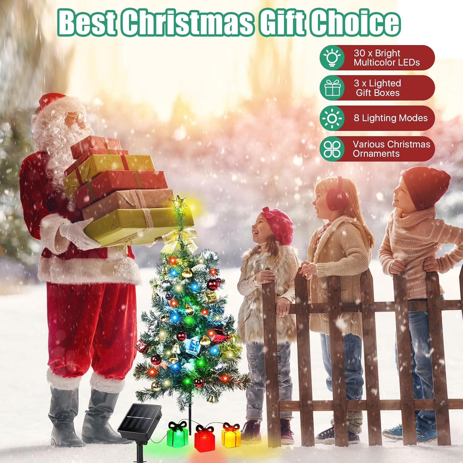 Decoración solar para árbol de Navidad, luces para exteriores, paquete de 2 con 60 LED, 44 adornos de Navidad, 6 cajas de regalo iluminadas, 8