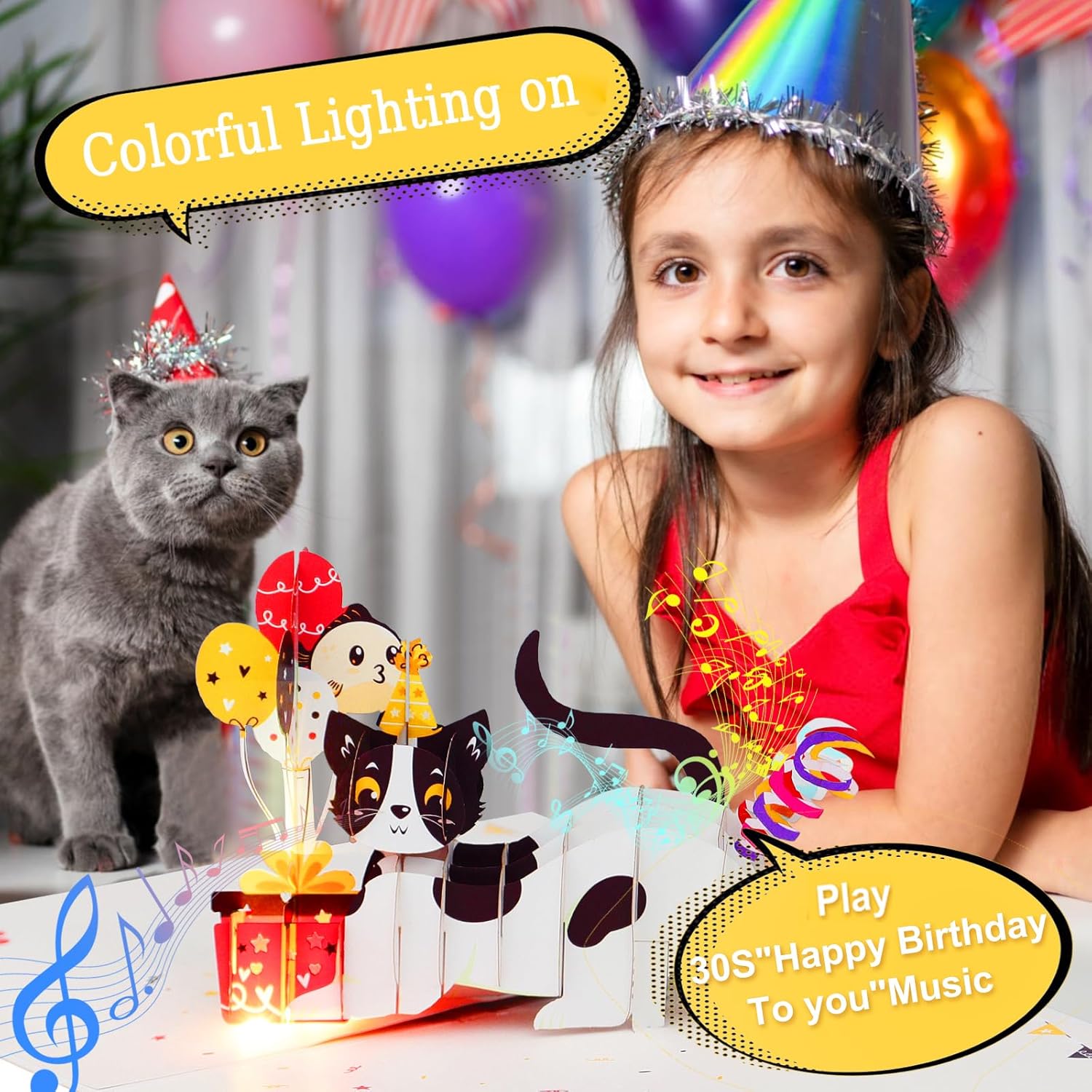 YunXianger Tarjetas de cumpleaños, tarjeta de feliz cumpleaños ligera y música, divertida tarjeta de felicitación de cumpleaños de gato desplegable