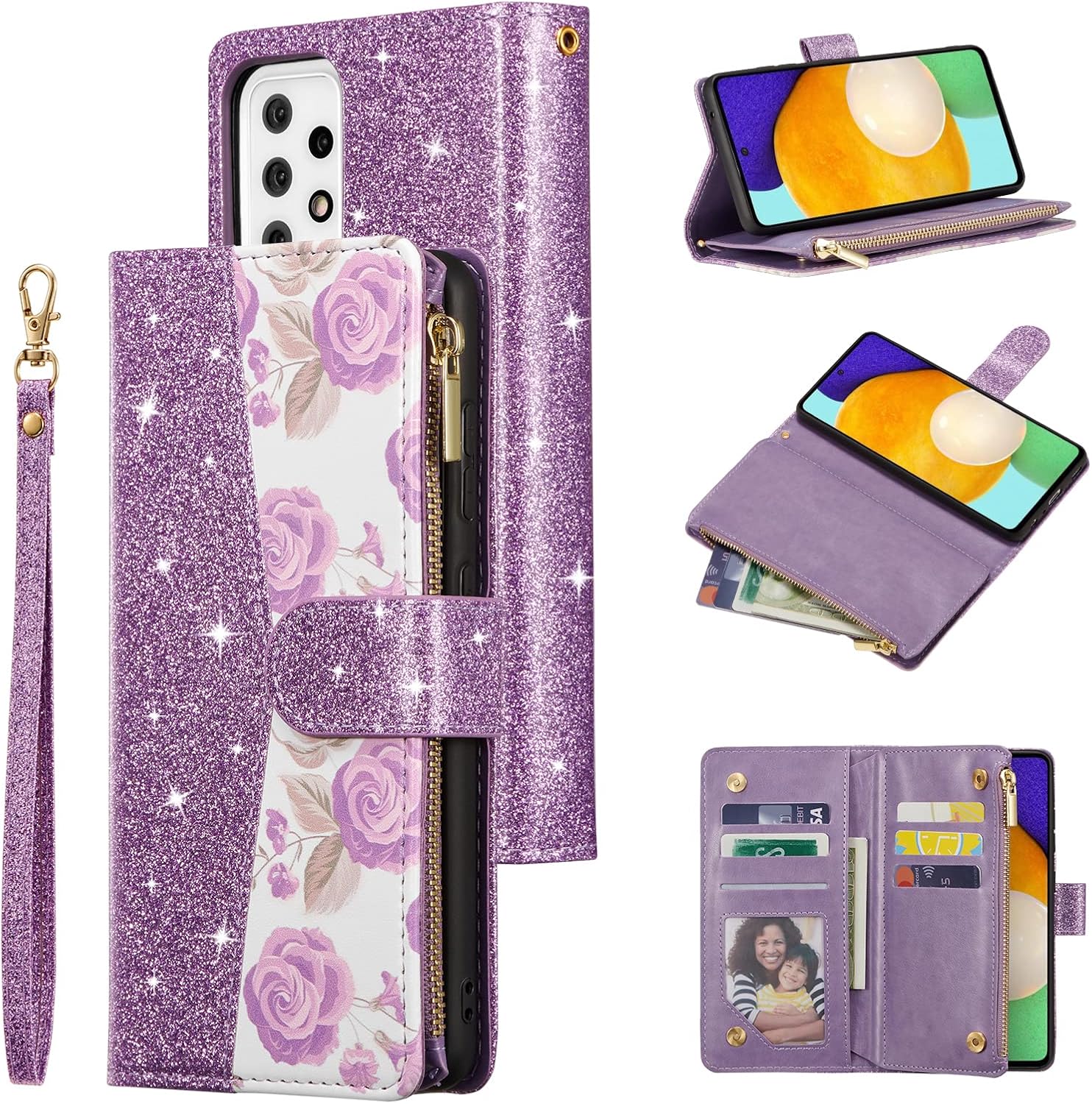 UEEBAI Funda tipo cartera para Samsung Galaxy A52 4G5G A52S 5G, con purpurina de piel sintética con cierre magnético Bolso de mano con cremallera