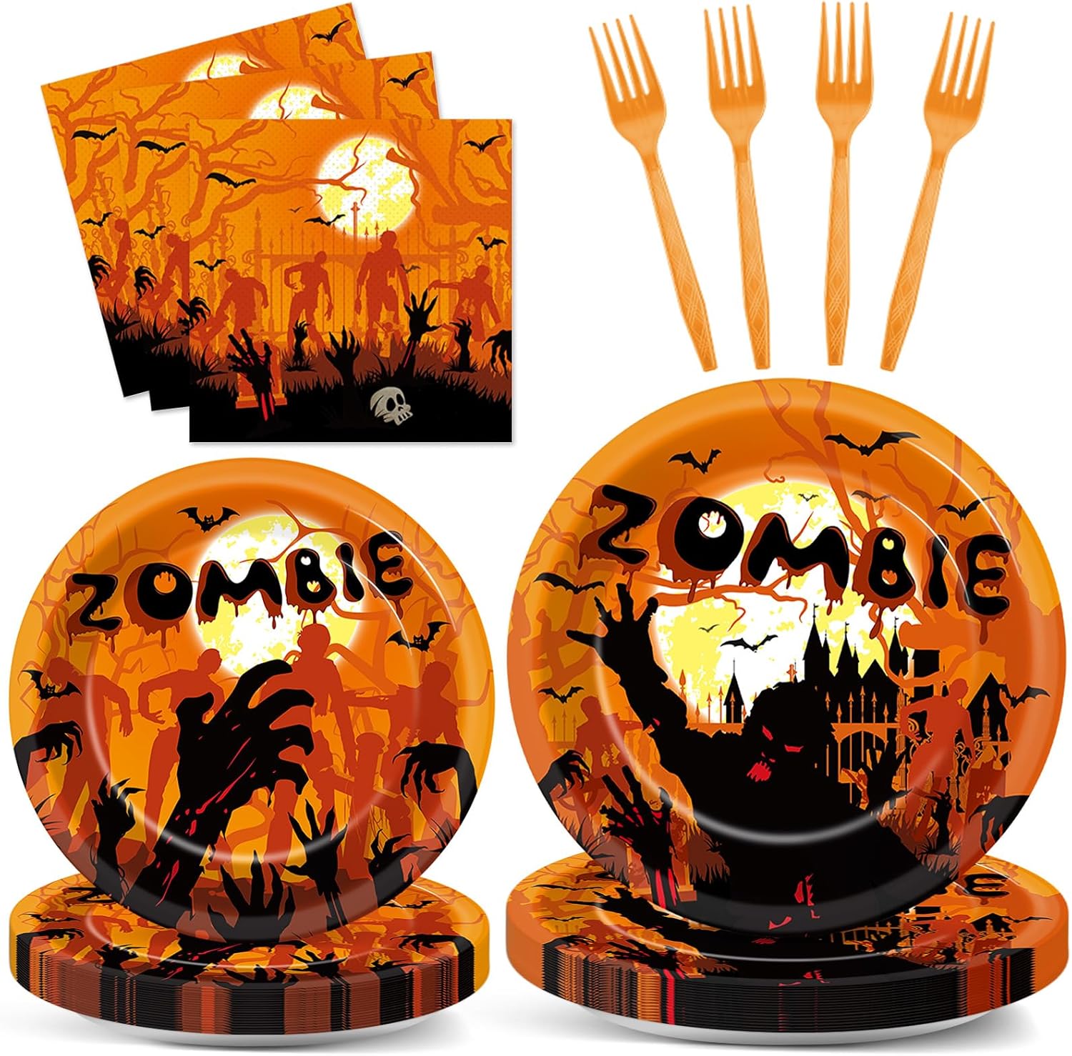 96 piezas de decoraciones de fiesta de Halloween, suministros de fiesta de cumpleaños zombi, platos, servilletas, fiesta de Halloween, vajilla de