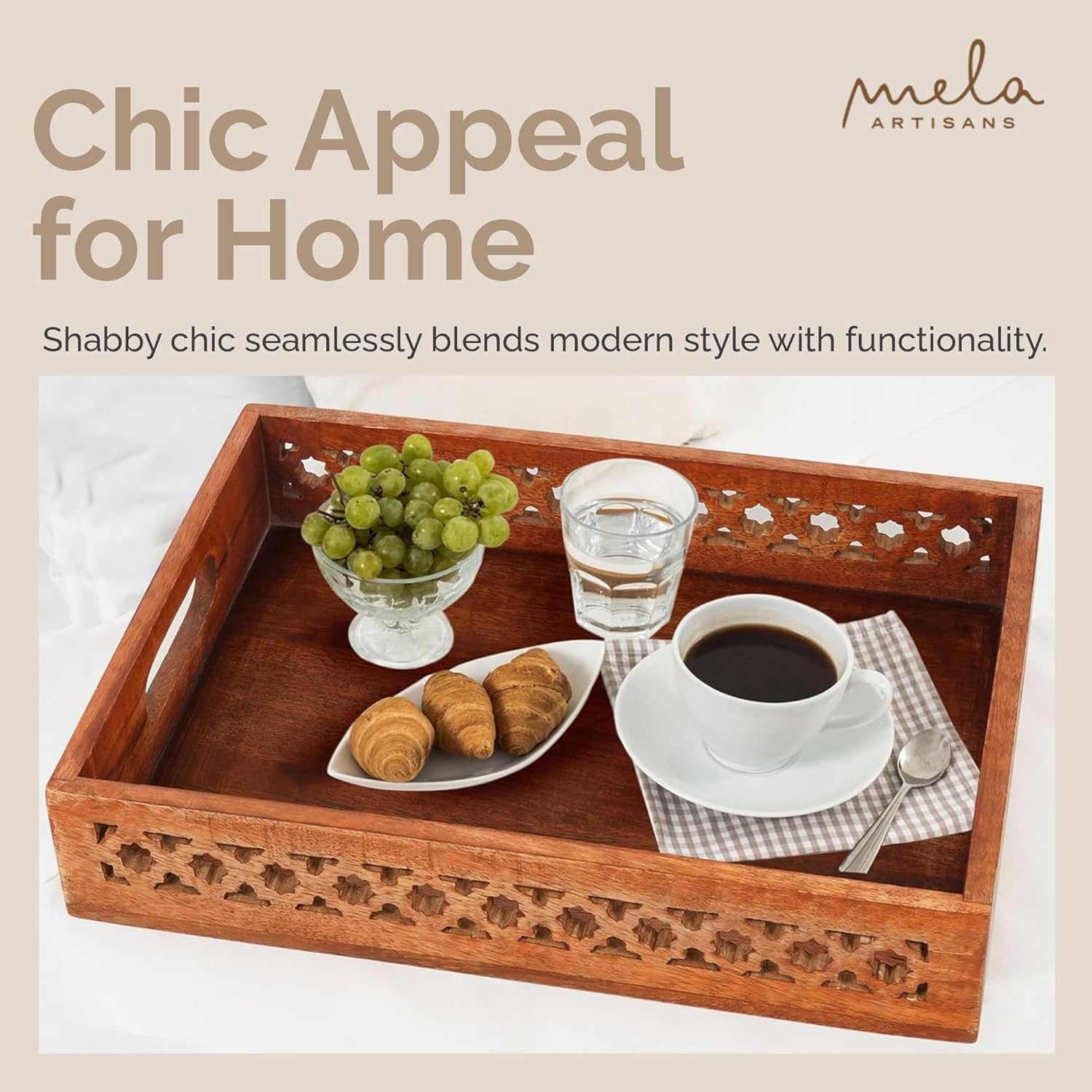 Bandejas decorativas de madera pulida mediana con asas, bandeja de granja “Trellis para mesa auxiliar” – Bandeja de madera para servir en la cama –