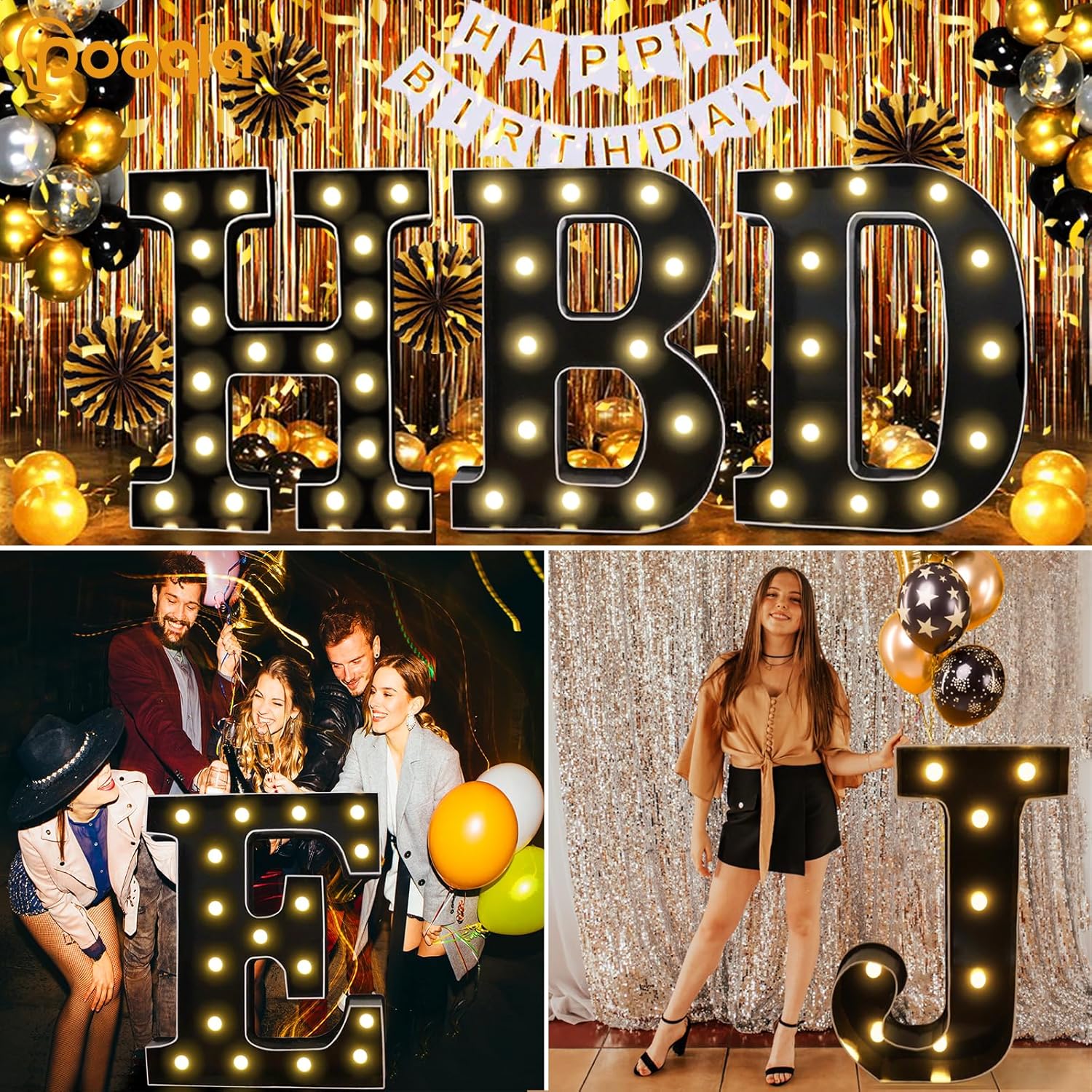 Pooqla Letras iluminadas de marquesina negra de 3 pies, letras de marquesina con luz LED grandes para decoración de fiestas, letras grandes de