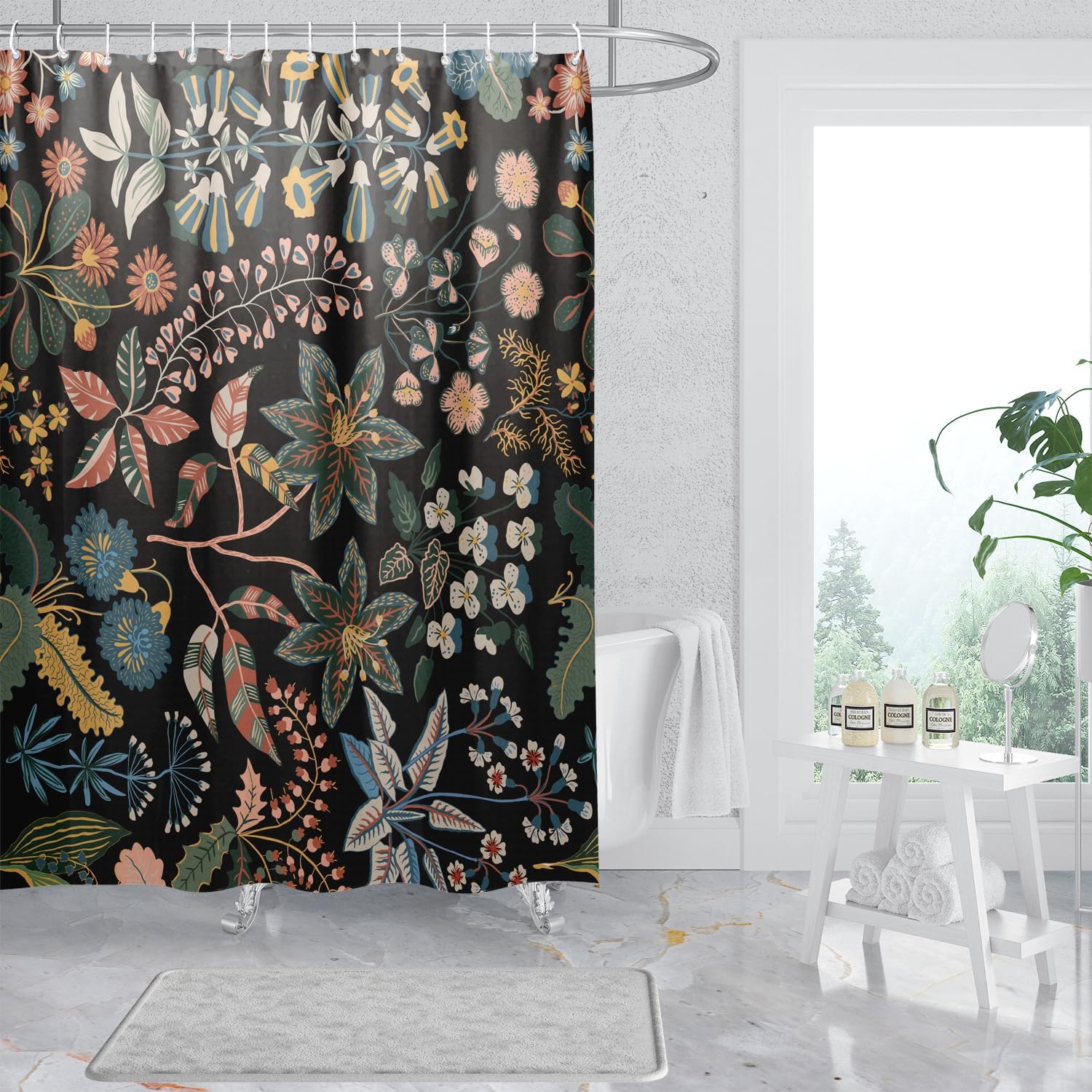 Cortina de ducha bohemia con flores silvestres, cortina de ducha impermeable de tela con 12 ganchos, 72 x 72 pulgadas