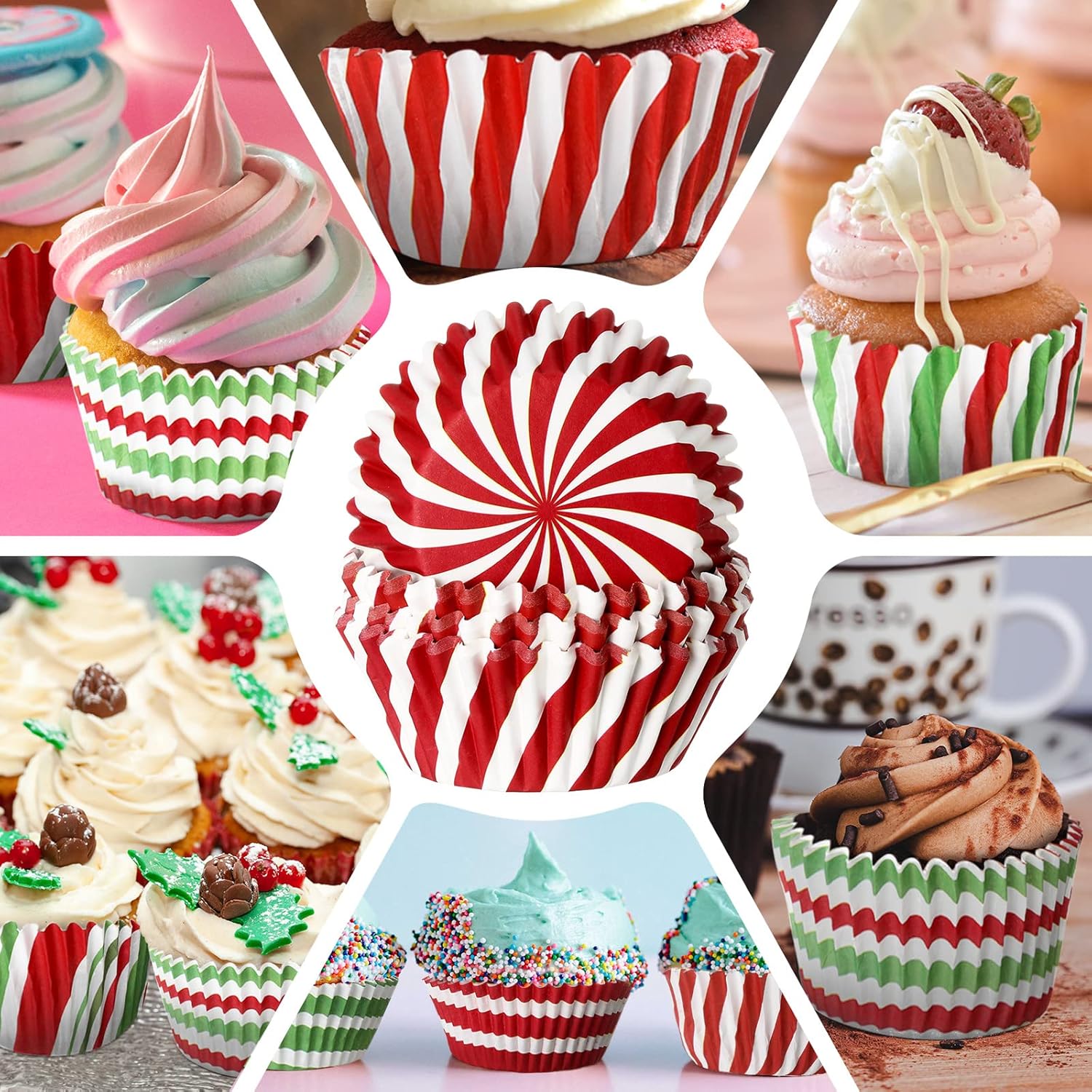 600 envoltorios de cupcakes de Navidad, 6 estilos, para fiestas de Navidad, para cupcakes, para magdalenas, soportes para cupcakes, tazas de papel