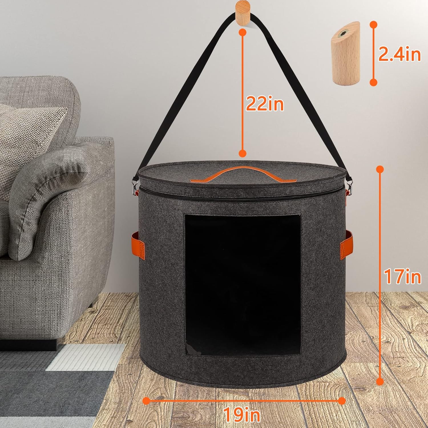 kushon Oversized Hat Storage Box for Women & Men19″ D x 17″ H Cowboy Hat Boxes with 1 Wood Hook Felt travel Round Hat Organizer Box with Dustproof