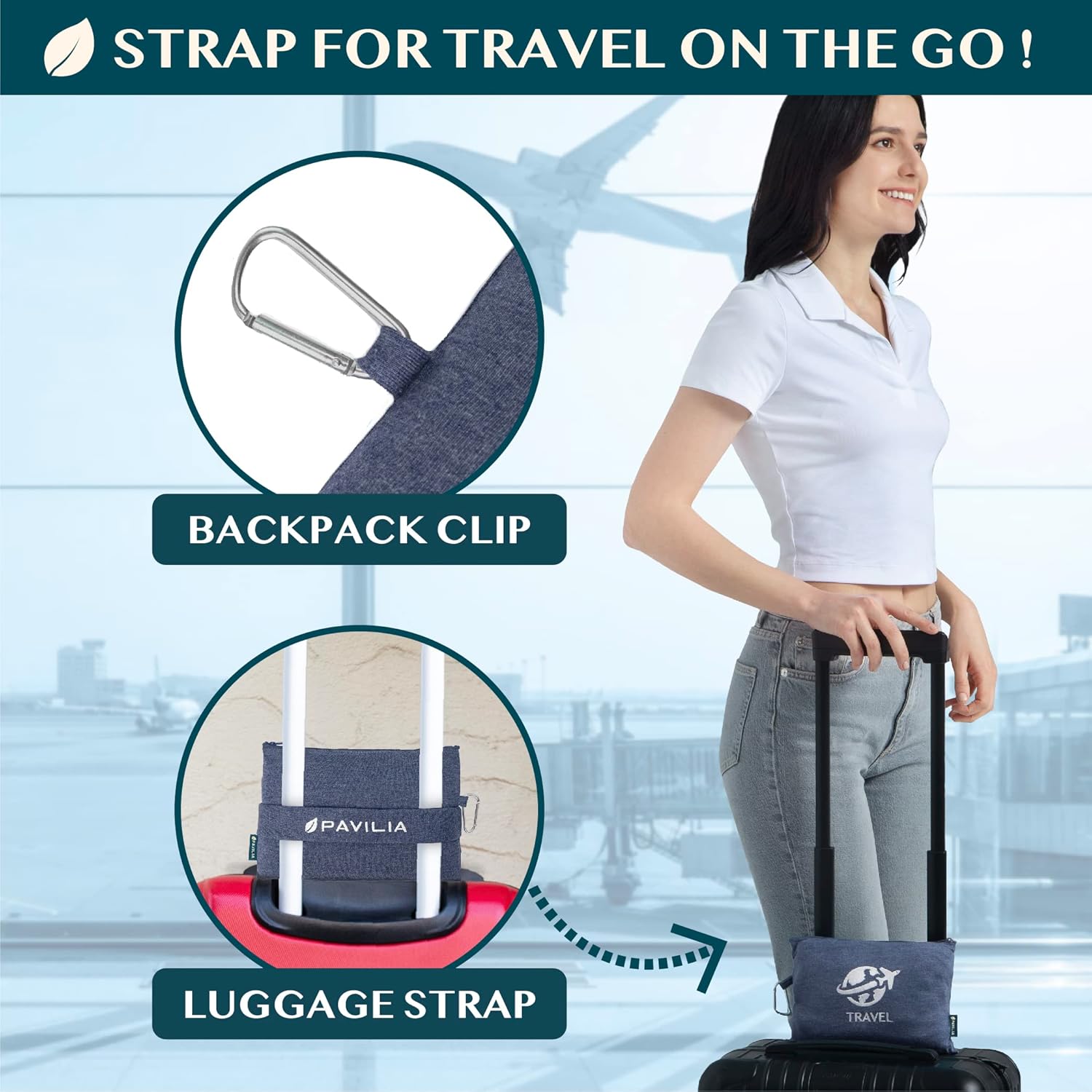 PAVILIA Manta y almohada de viaje suave y compacta, manta plegable de avión en bolsa, juego de manta de vuelo portátil ligera con correa de