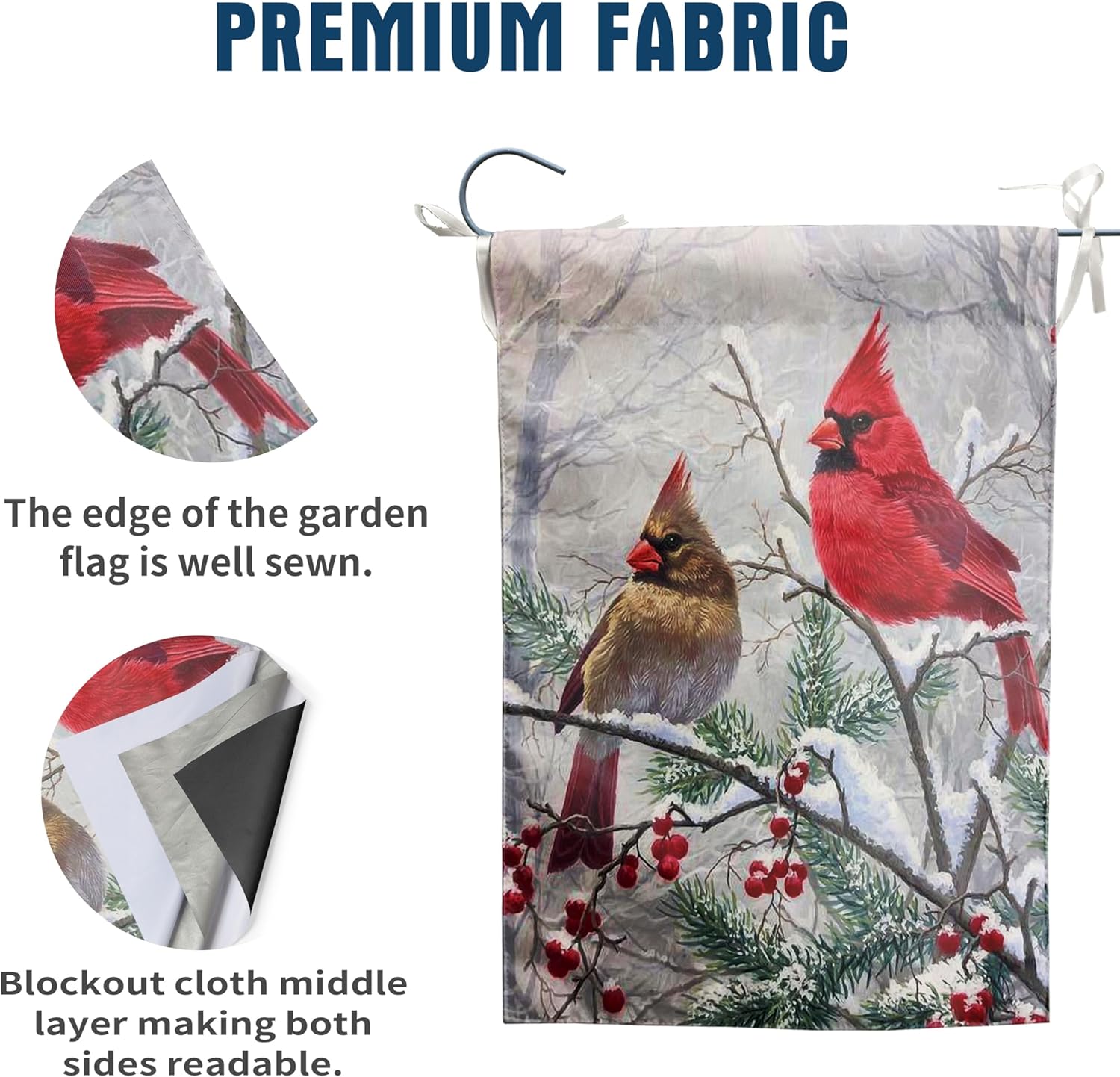 Banderas de jardín de pájaros cardenales de invierno, pancartas de Navidad para exteriores, de 12 x 18 pulgadas, de doble cara, pájaros rojos en