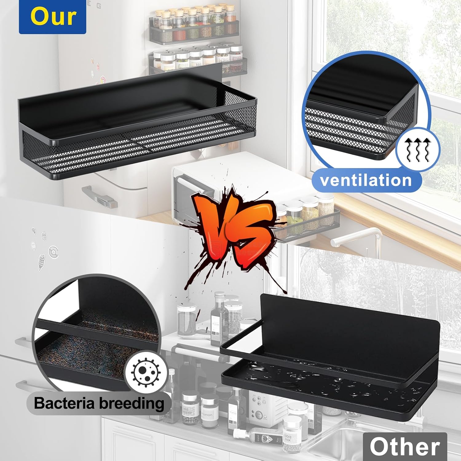 Miyawell Estante magnético para especias para refrigerador, paquete de 4 estantes magnéticos, estantes magnéticos para organización y almacenamiento