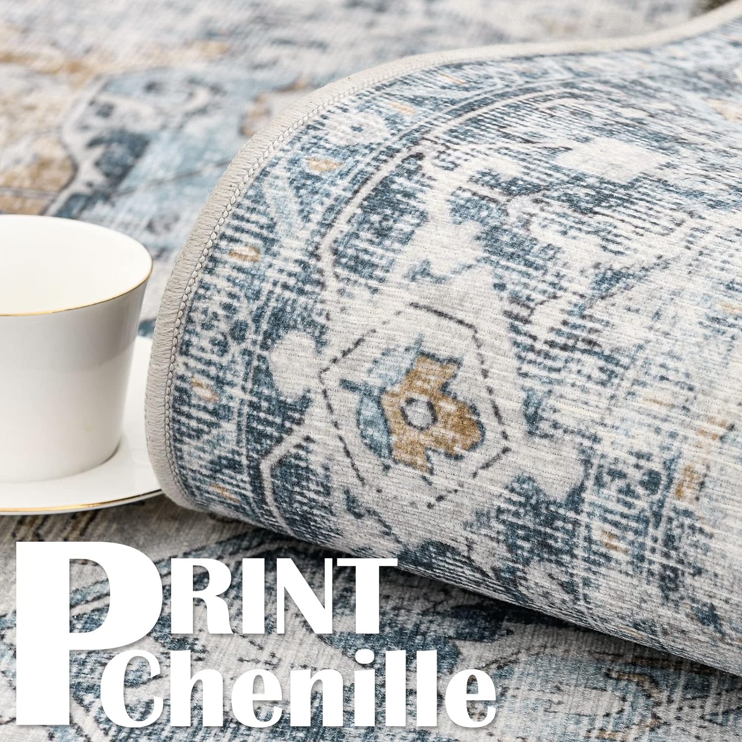 jinchan Tapete redondo de felpilla de 5 pies, lavable, vintage para interiores, con estampado azul multi, desgastado, antideslizante para cocina,