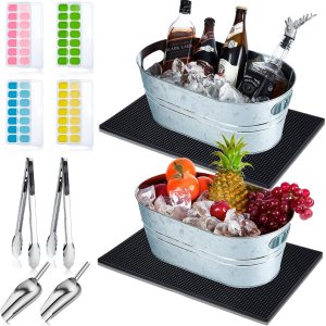 Juego de 16 cubos de hielo con cuchara y pinzas, incluye 2 tinas de hielo galvanizadas de 4.5 galones, 8 bandejas de silicona para cubitos de hielo, Juego de 16 cubos de hielo con cuchara y pinzas, incluye 2 tinas de hielo galvanizadas de 4.5 galones, 8 bandejas de silicona para cubitos de hielo,