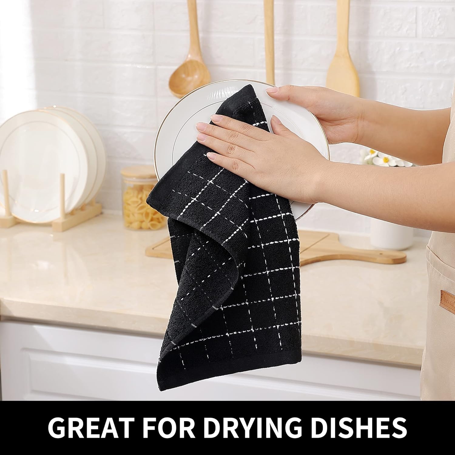 Homaxy Trapos de cocina de rizo de 100% algodón, ultra suaves y absorbentes, paños de secado rápido, 12 unidades, 12 x 12 pulgadas, color negro