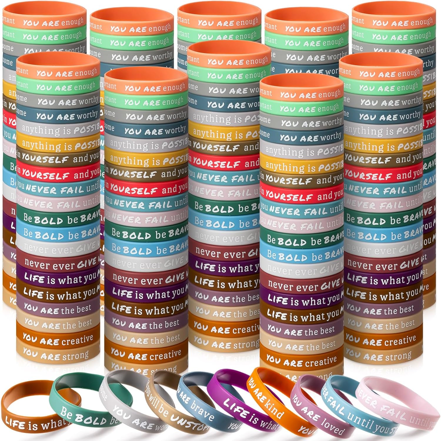 Junkin 200 pulseras motivacionales a granel, pulseras de silicona inspiradoras a granel, pulseras de goma de colores, pulseras positivas, regalos
