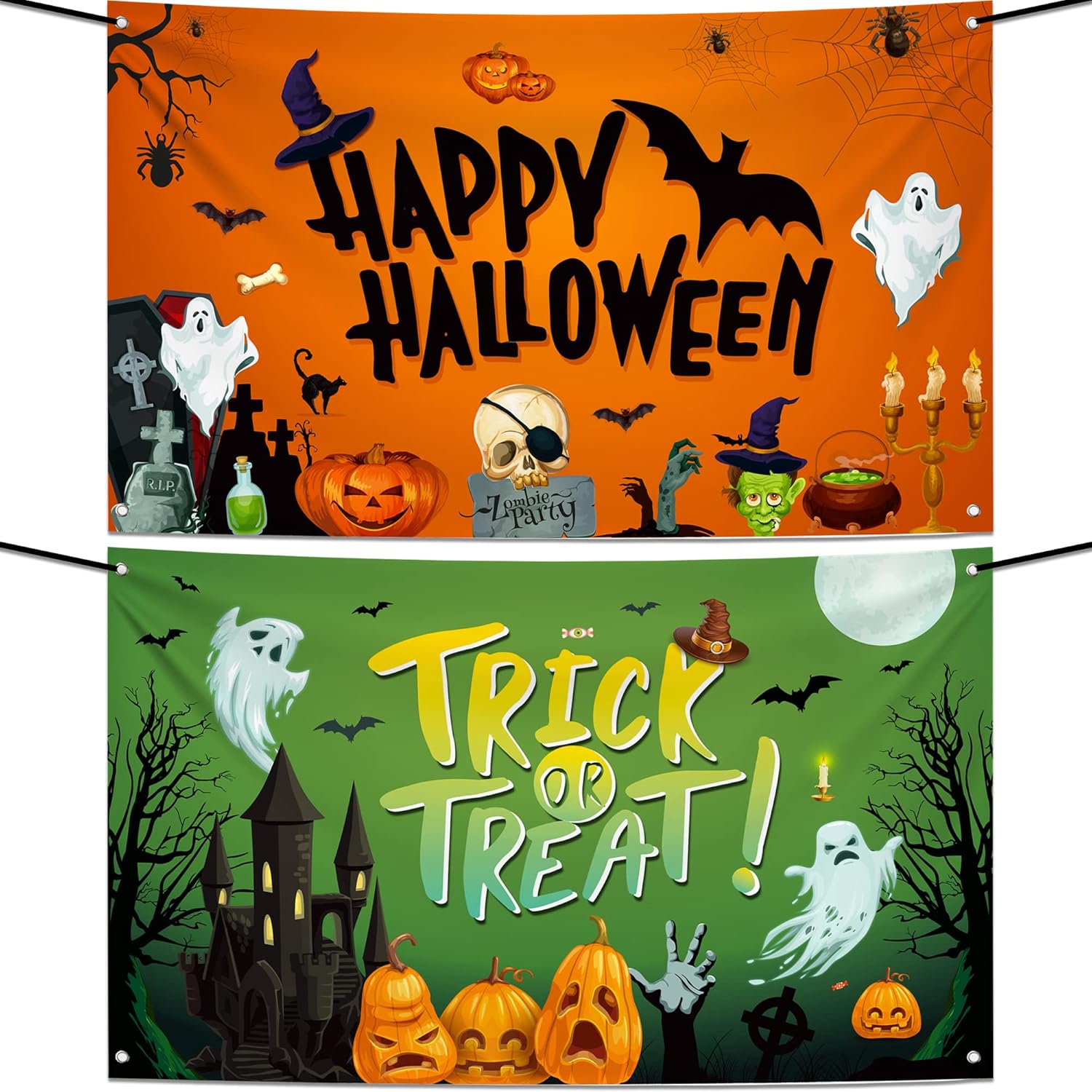 Fondo extragrande de Halloween para fotografía de 72 x 44 pulgadas, 2 piezas, pancarta naranja de feliz Halloween, cartel de truco o trato,