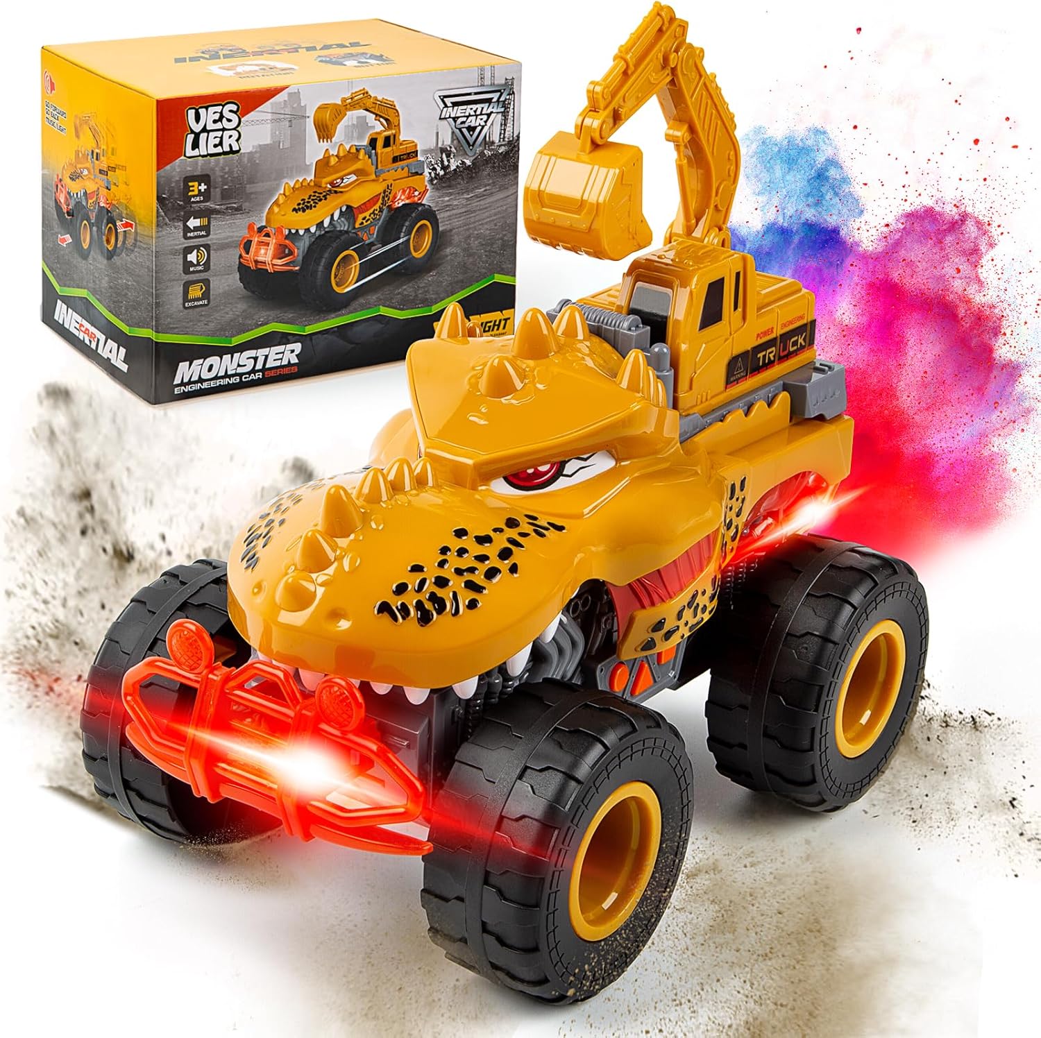 Veslier Juguete de camión monstruo de dinosaurio para niños de 3, 4, 5, 6, 7 años, luces y sonidos, camión de transporte grande para niños