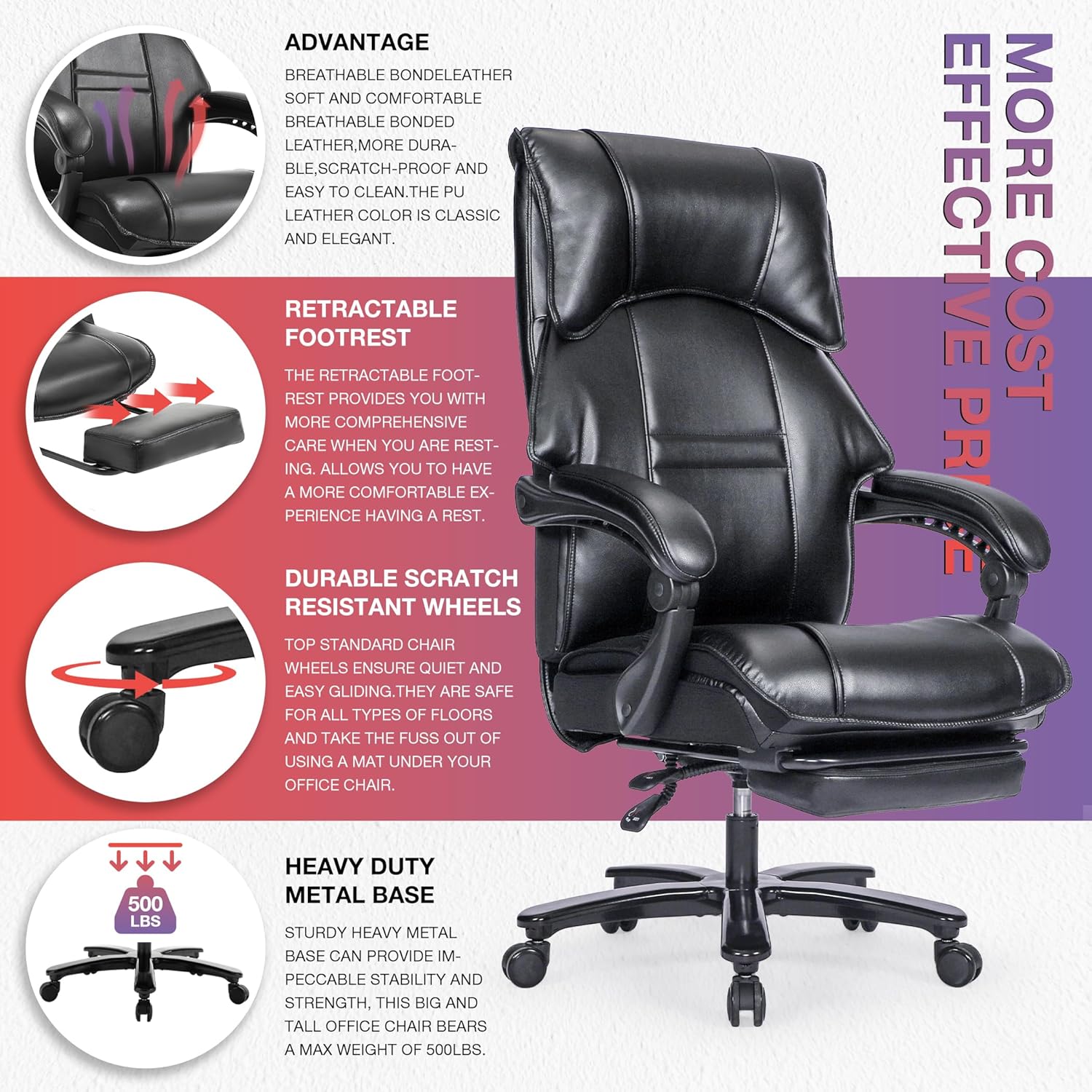 Bosmiller Silla de oficina grande y alta de 500 libras, asiento ancho para personas pesadas con ruedas silenciosas, base de metal resistente,