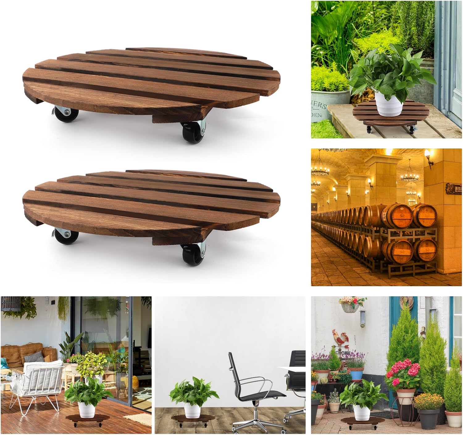 2 piezas de madera para plantas con ruedas bloqueables, carrito redondo de 12 pulgadas para transportar fácilmente macetas de 150 libras para