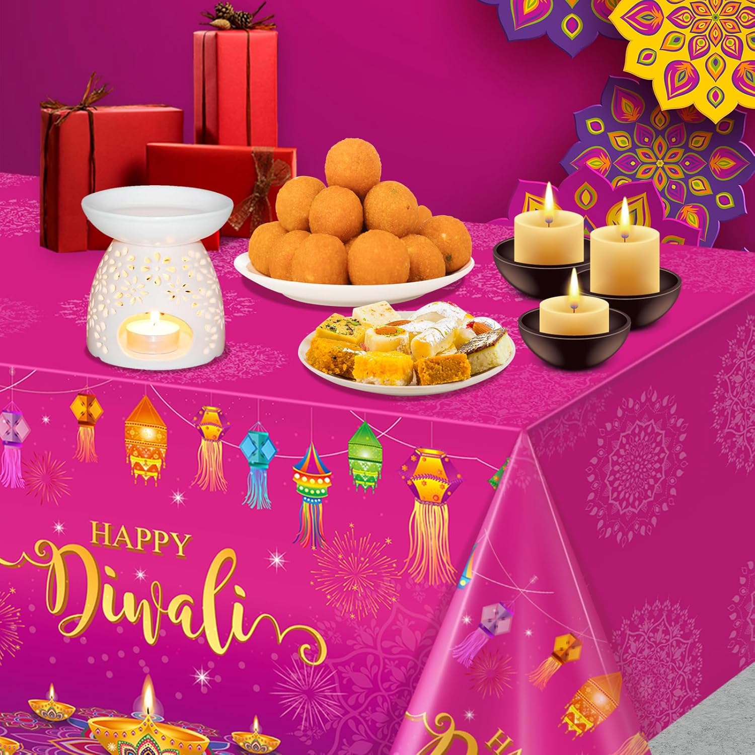Paquete de 3 manteles desechables Happy Diwali, mantel de plástico para mesas rectangulares, mantel Diwali para decoración india de Diwali,