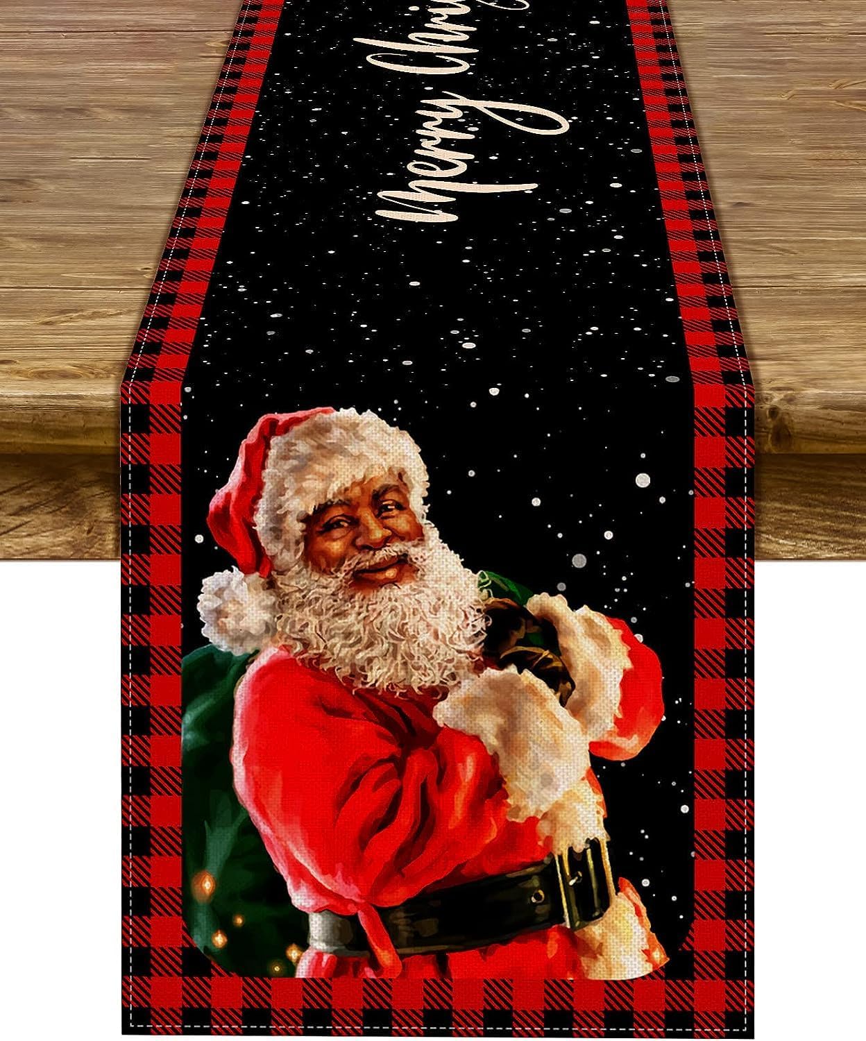 Camino de mesa de Navidad afroamericano, a cuadros, de Papá Noel, color negro, a cuadros, vacaciones, fiesta, cocina, comedor, decoración del hogar