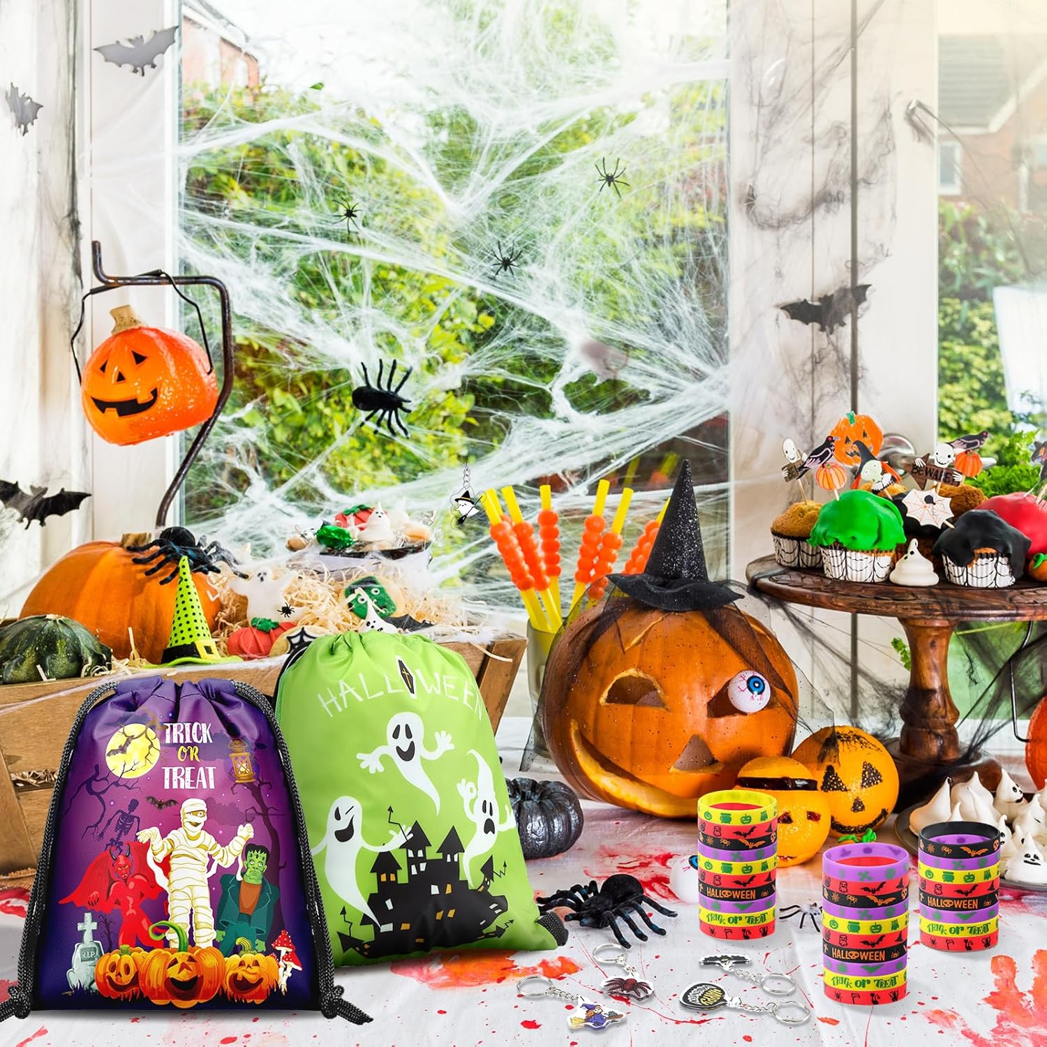 48 piezas de recuerdos de fiesta de Halloween, 16 bolsas con cordón para fiesta de Halloween, bolsas de dulces para dulce o truco, 16 pulseras de