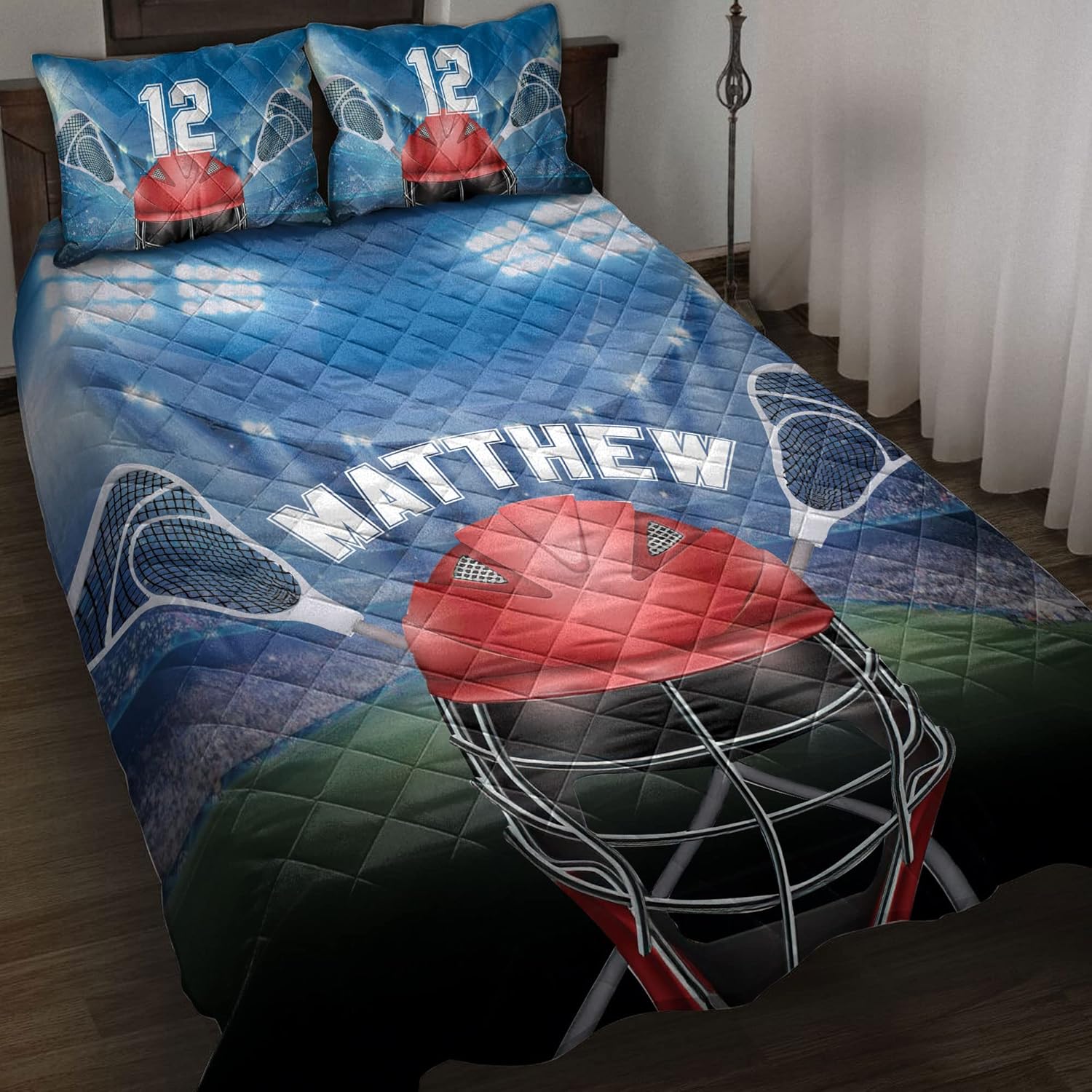 OhaPrints Juego de ropa de cama y fundas de almohada con casco de Lacrosse personalizado, regalo para fanáticos del jugador de estadio, color azul,