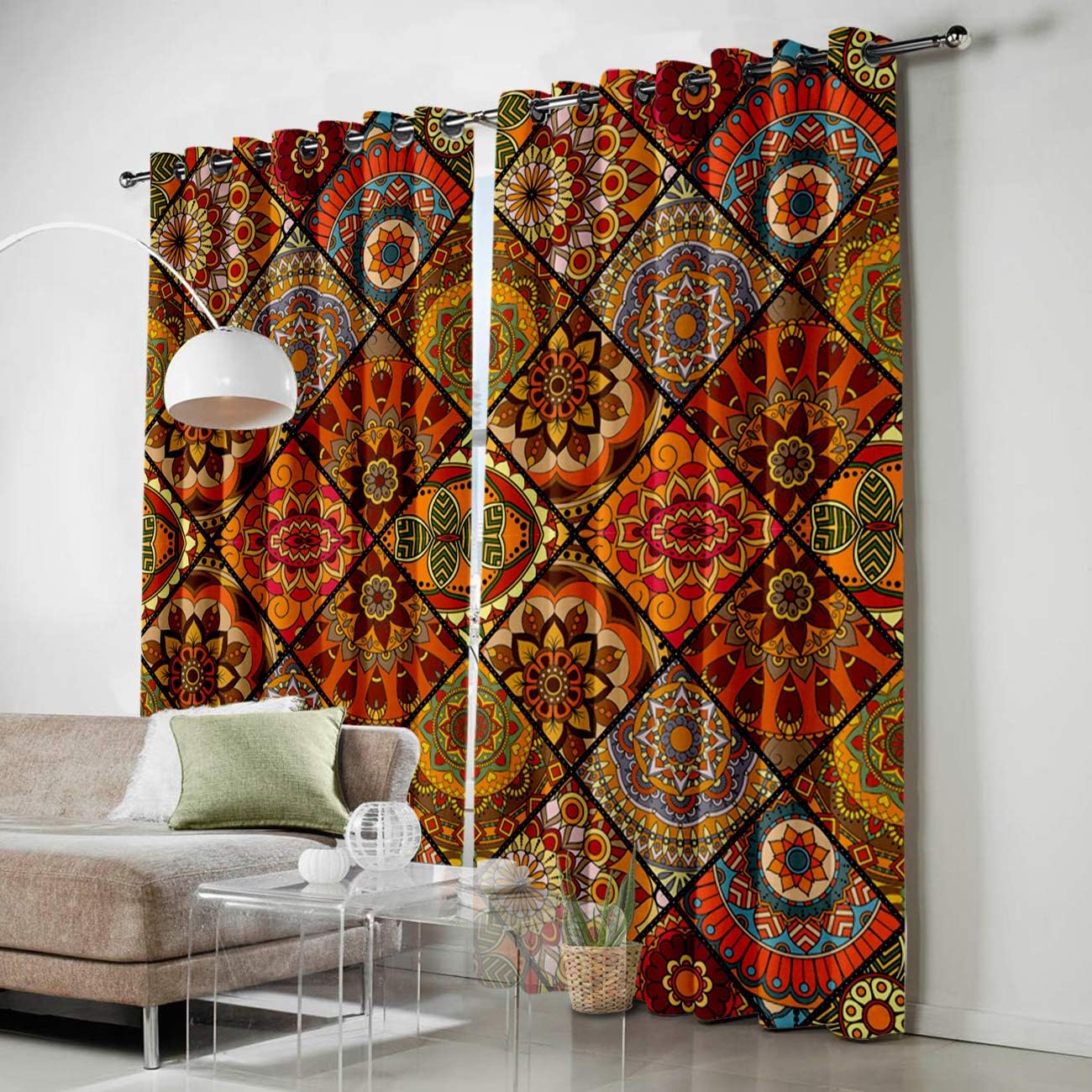 FortuneHouse Blackout Curtains Thermal Insulated Ethnic Style Orange Square Pattern Solid Pattern Metal Grommet Elegant Room Drapes Window Curtain