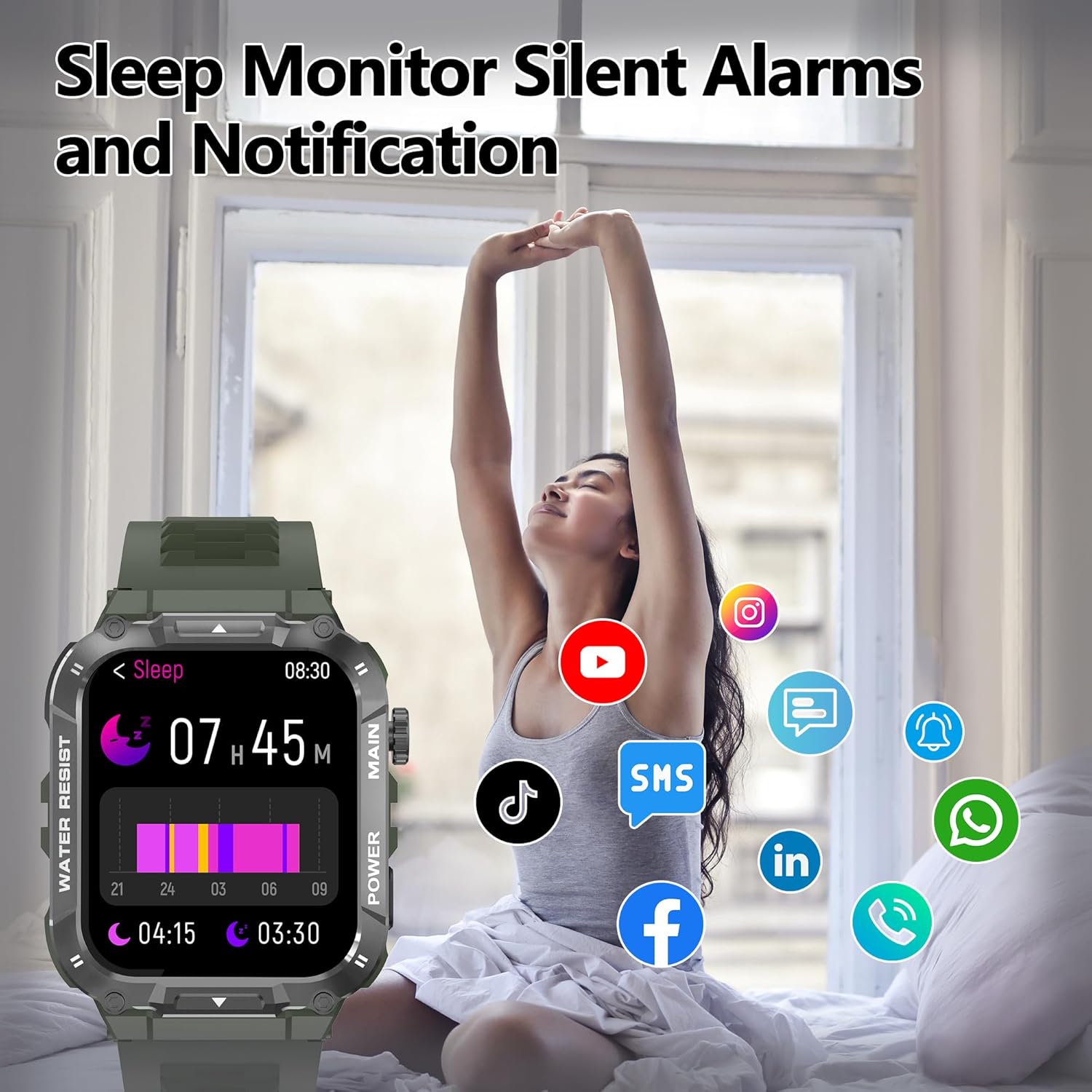 Reloj inteligente para hombre (contestaciónmarcación), resistente al agua 5 ATM, 1.96 pulgadas, HD, resistente reloj táctico para Android iOS
