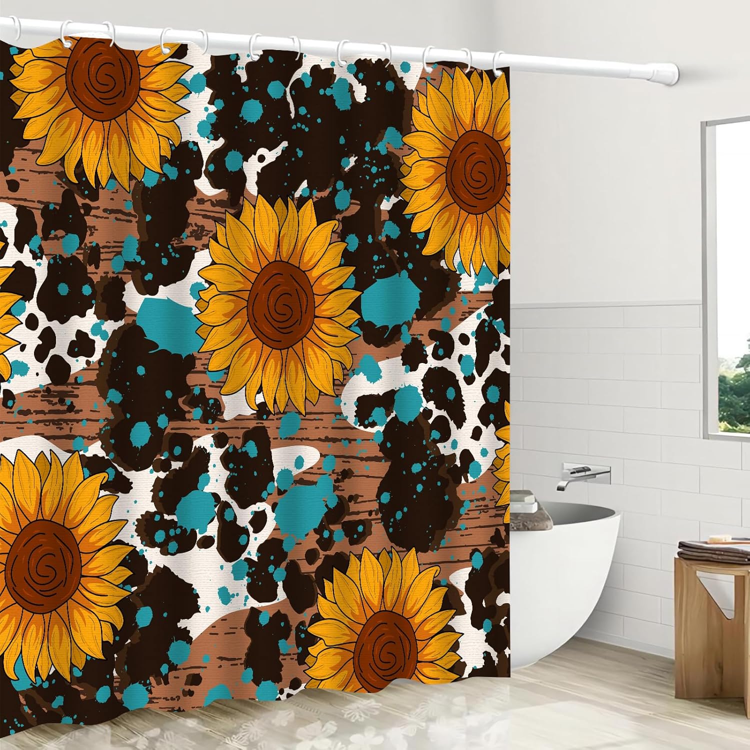 Cortina de ducha de girasol amarillo con 12 ganchos, cortina de baño decorativa de tela floral impermeable para verano, decoración de baño con