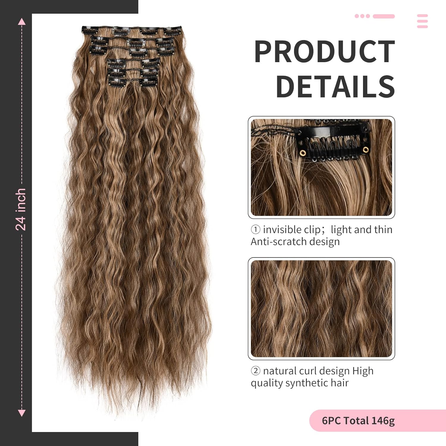 FLUFYMOOZ Extensiones de cabello con clip, 6 unidades, extensiones de cabello sintético ondulado con clip, para mujer, 24 pulgadas (marrón oscuro