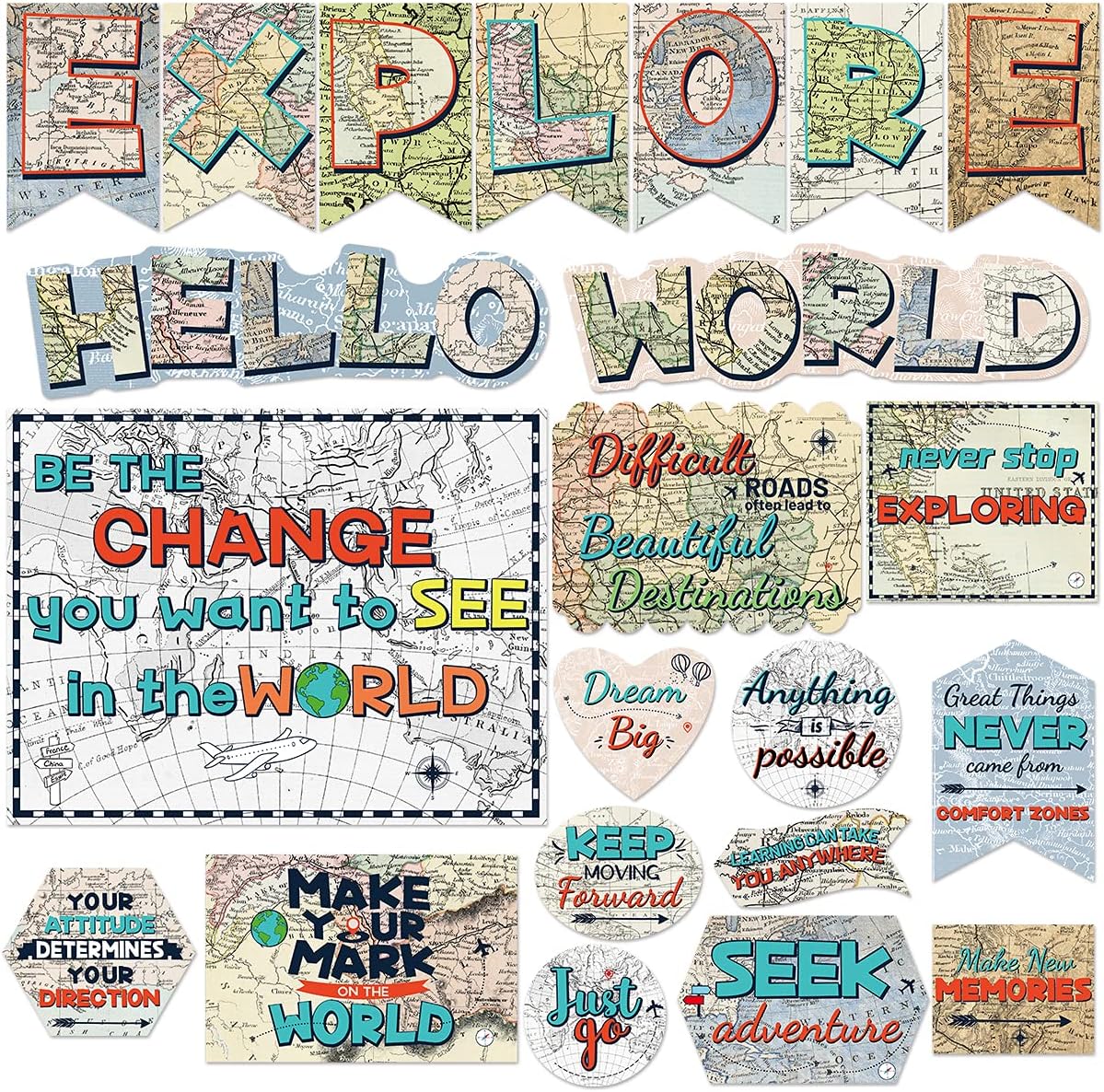 Juego de tablones de anuncios de viaje, decoración de aula con mapas, 29 piezas