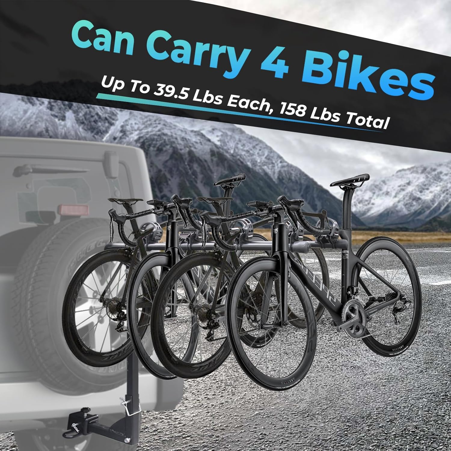 Soporte de enganche para 4 bicicletas, soporte de bicicleta de enganche de 158 libras, capacidad de peso pesado para neumáticos estándar, gruesos y
