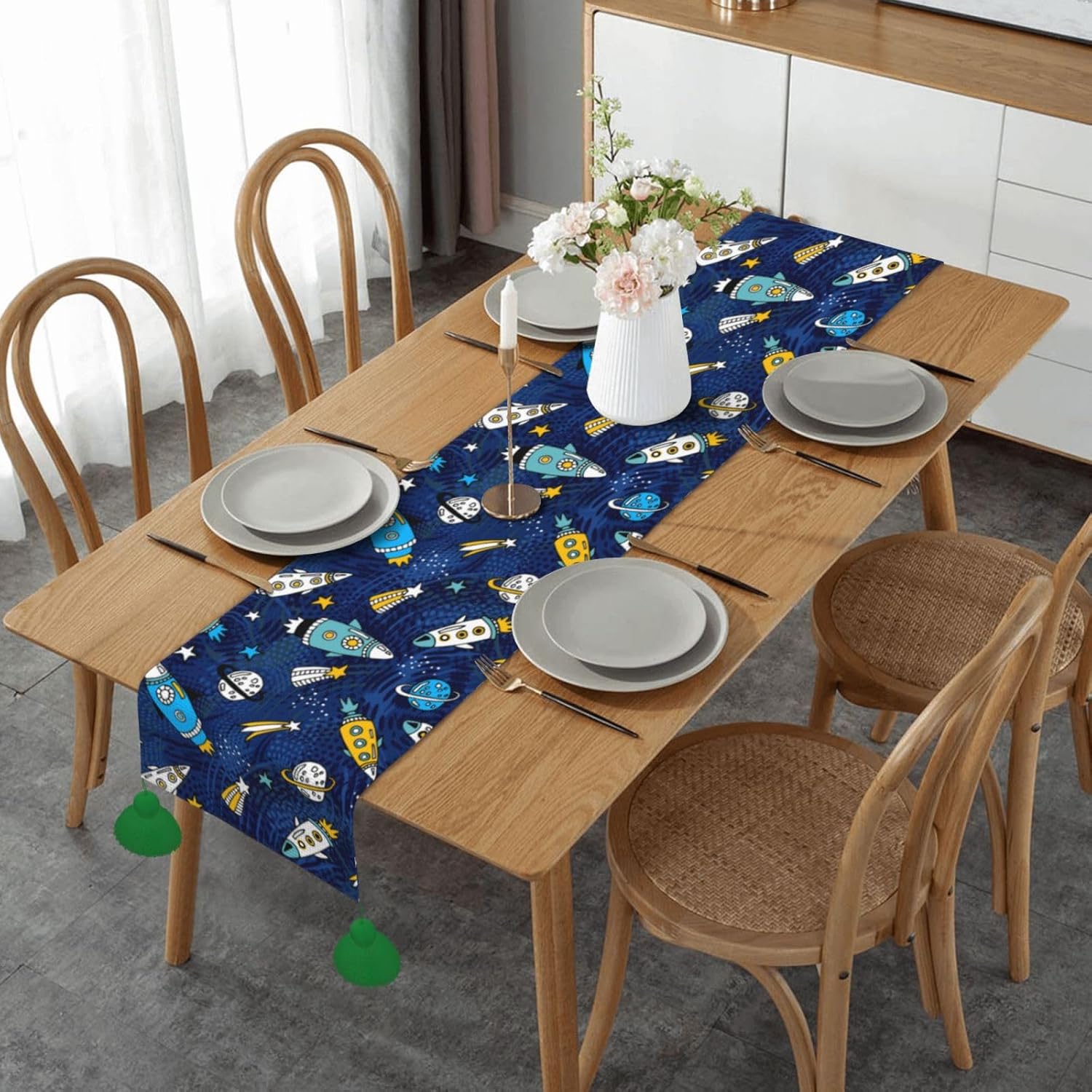 Camino de mesa de Navidad de dibujos animados, cohetes, planetas, estrellas, camino de mesa de comedor, decoración de Navidad, decoración de