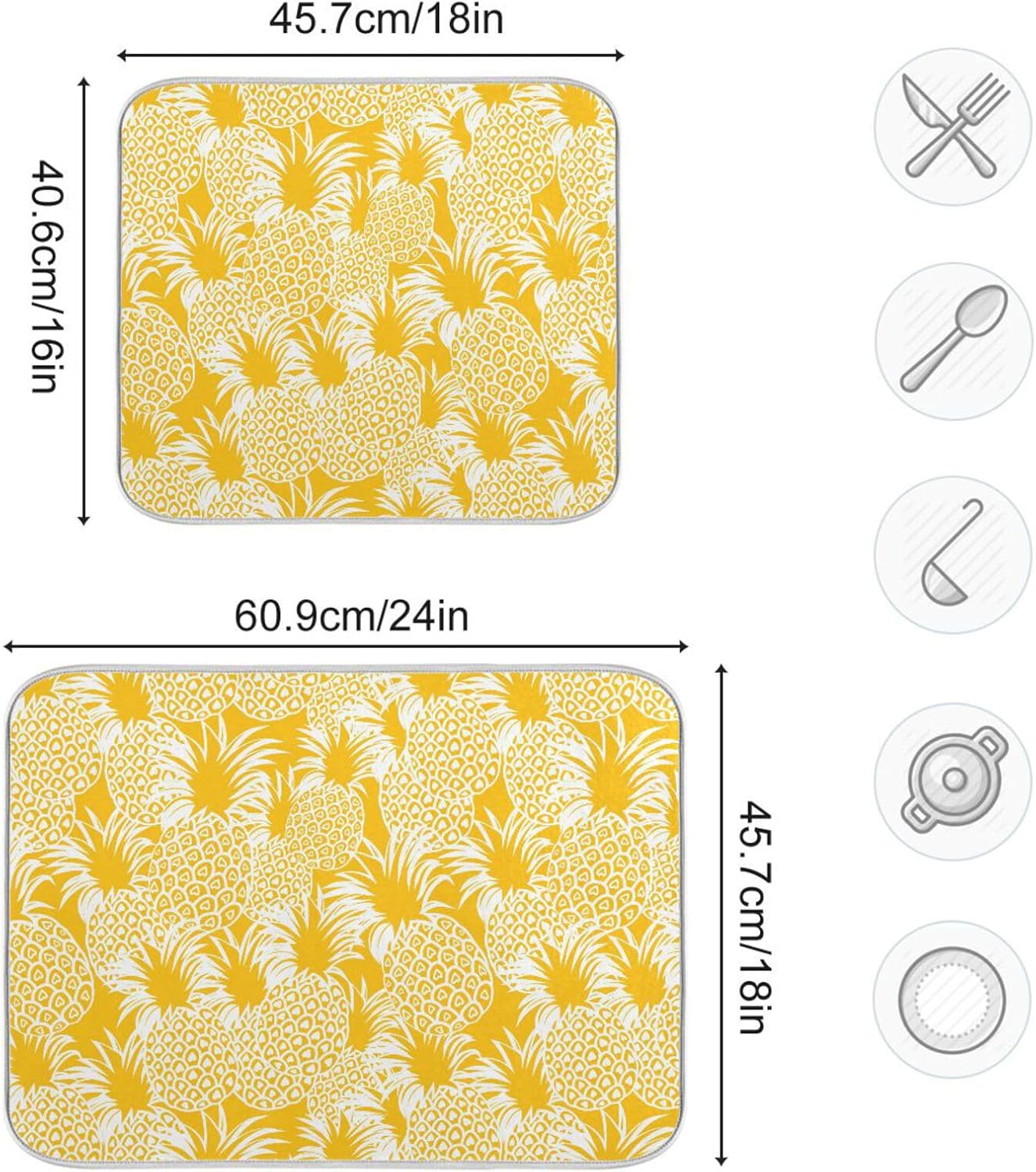 Tapete de secado de platos hawaiano tropical de piña amarilla brillante, lavable, absorbente, escurridor de platos, para encimera de cocina, tapete