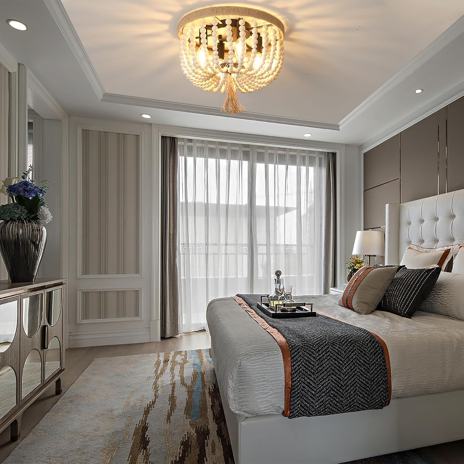 Lámpara de techo bohemia con cuentas de madera, 4 luces de roble blanco, estilo bohemio, para dormitorio, pasillo, entrada, cuarto de bebé, pasillo,