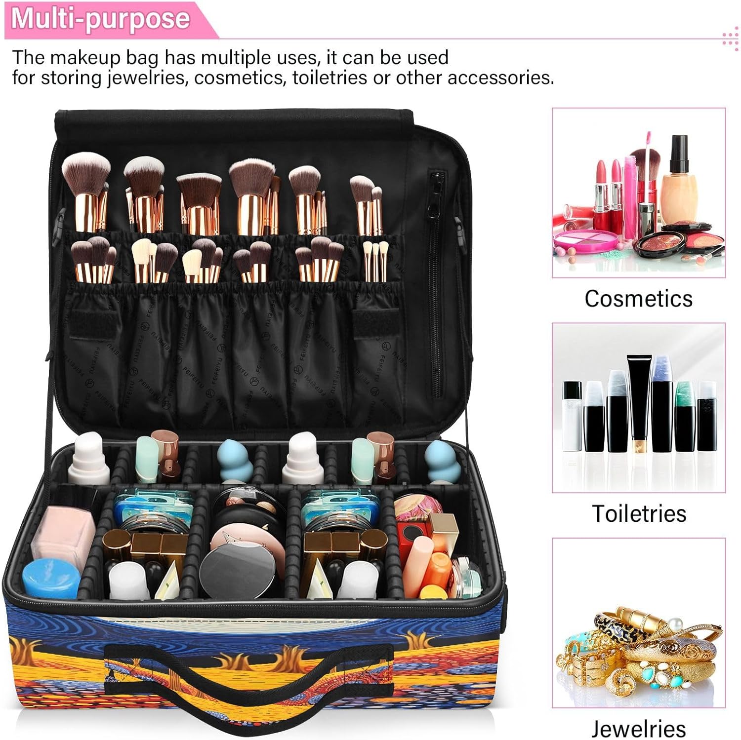 Art Dream Yellow Blue storage cosmetic travel make up bag up bag organizator large makeup bag neceser para maquillaje for women girl teen mom kids