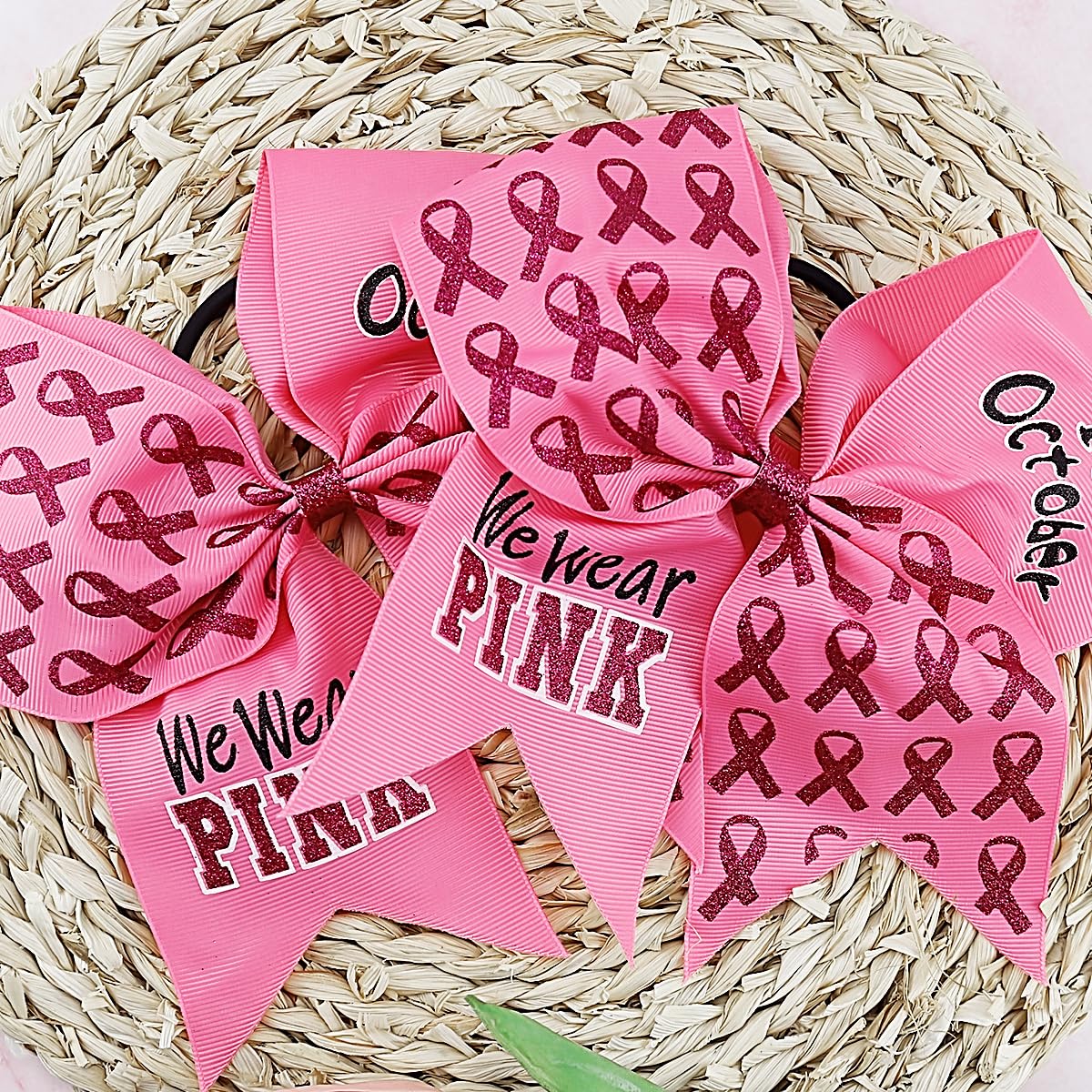Lazos para el pelo de concientización sobre el cáncer de mama, lazos de animación con purpurina rosa para animadoras de 7 pulgadas, soportes para