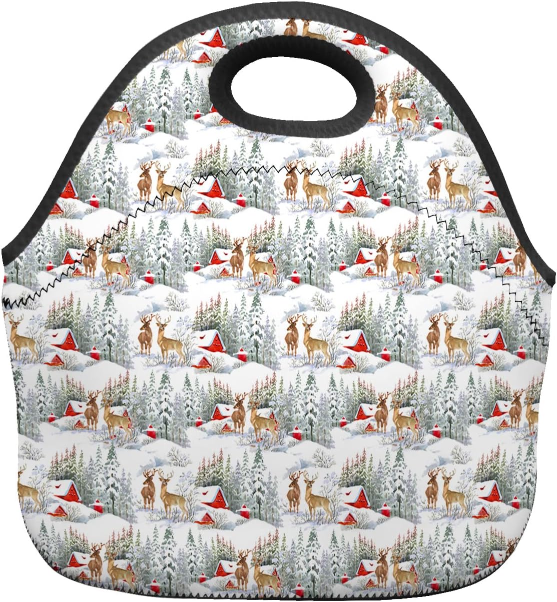 Bolsa de almuerzo reutilizable de neopreno, con diseño de reno y pino de Navidad, suave y térmica, ligera, lavable, aislada, para mujereshombres,