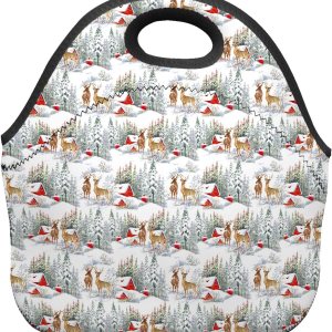 Bolsa de almuerzo reutilizable de neopreno, con diseño de reno y pino de Navidad, suave y térmica, ligera, lavable, aislada, para mujereshombres, Bolsa de almuerzo reutilizable de neopreno, con diseño de reno y pino de Navidad, suave y térmica, ligera, lavable, aislada, para mujereshombres,