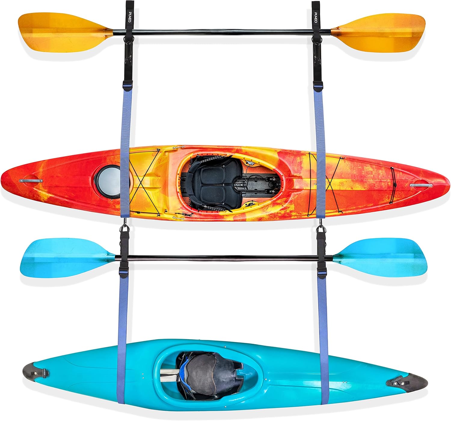 PUMEO Sistema de correa de almacenamiento doble para kayak, viene con 2 clips de mosquetón para remo, uso con tablas de kayak y remo, uso en